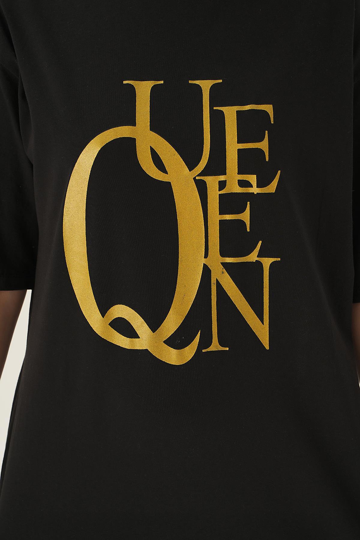 1703 Queen Baskı Oversize Tişört Siyah - 5