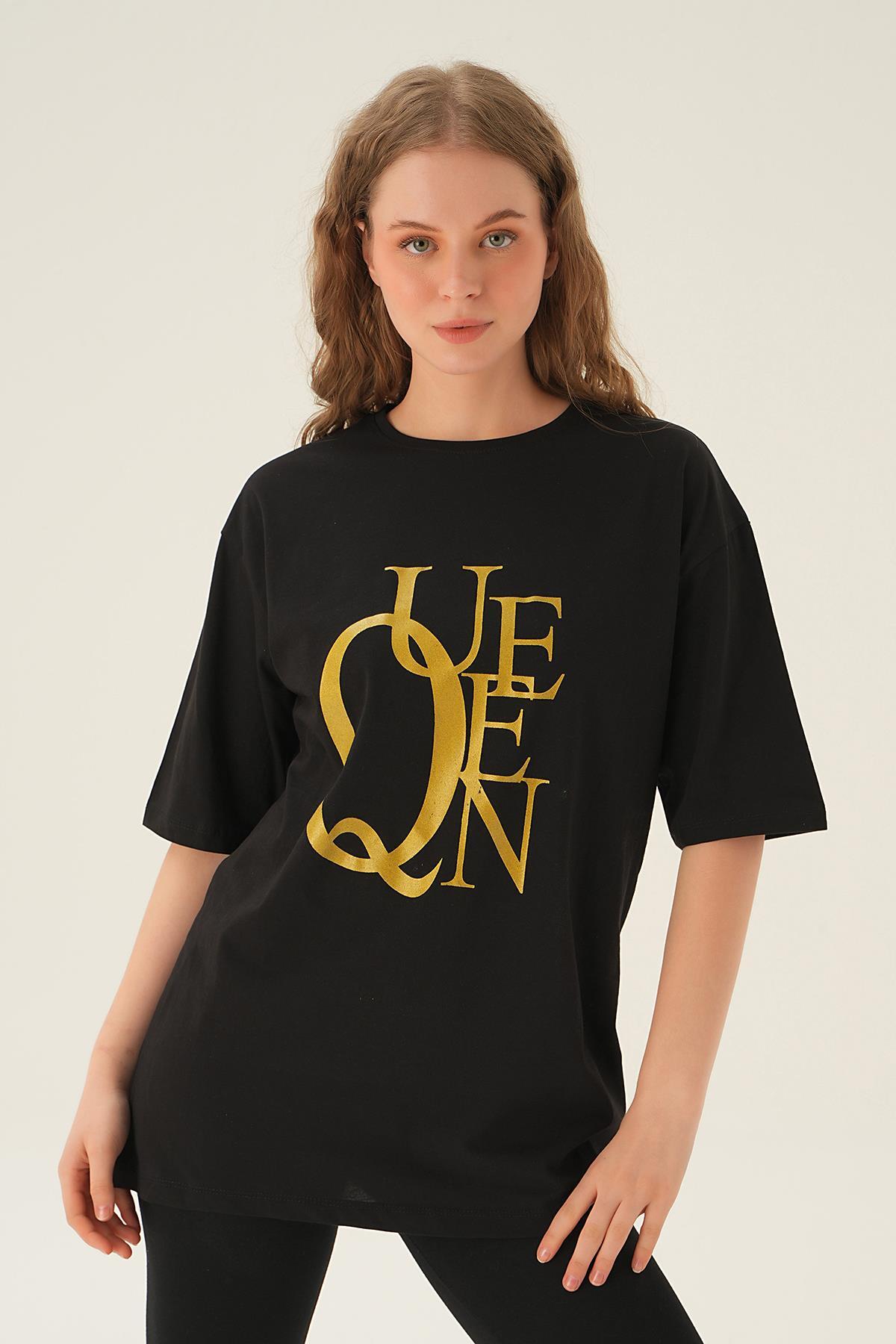 Siyah Queen Baskı Oversize Tişört 1703 - 1