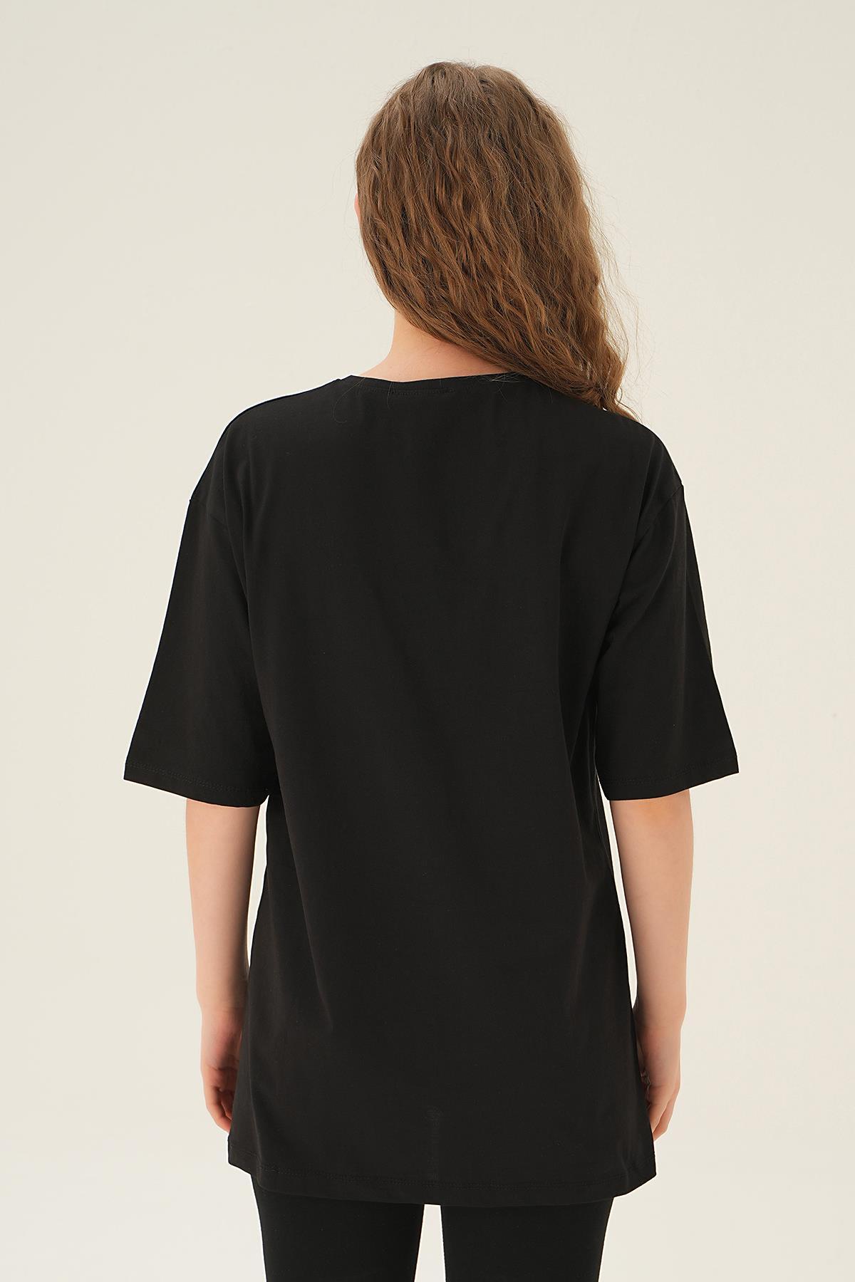 Siyah Queen Baskı Oversize Tişört 1703 - 4
