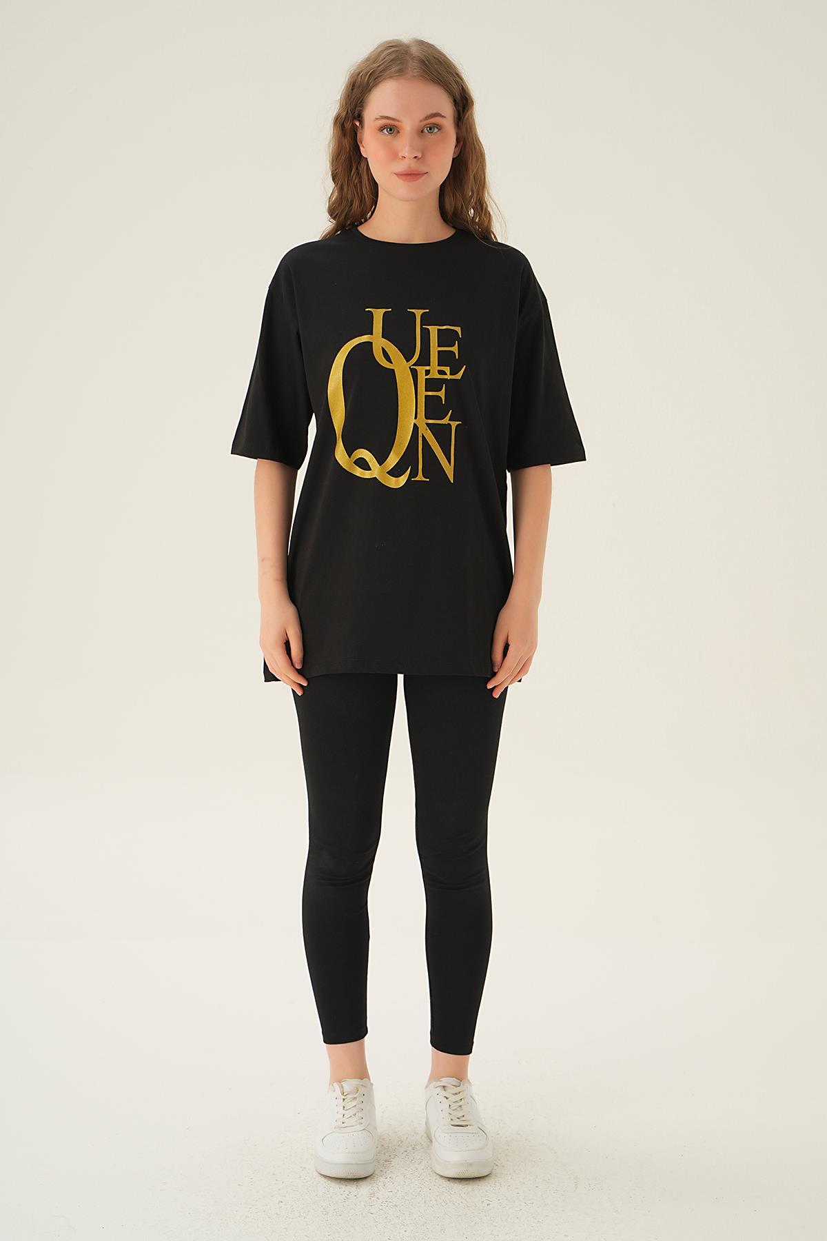 Siyah Queen Baskı Oversize Tişört 1703 - 6