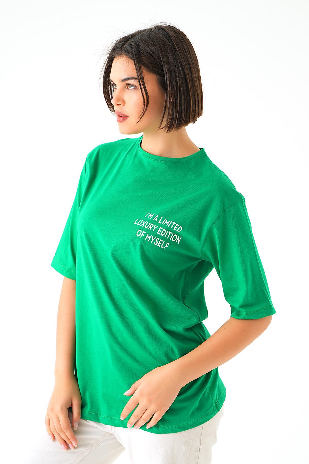 Benetton Yeşili Yazı Detay Baskı Oversize Tişört 1704 - 2