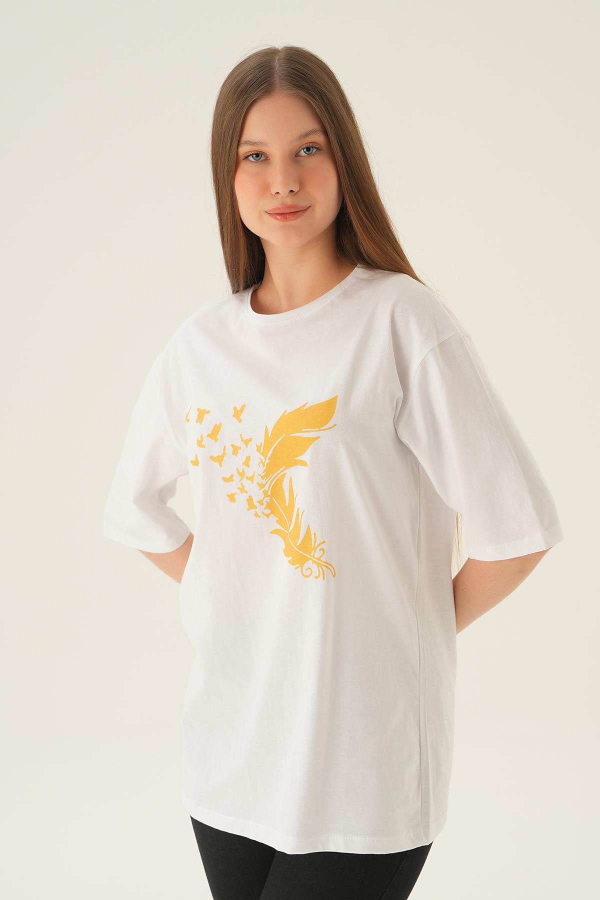 1705 Kuş Baskı Oversize Tshırt Beyaz - 3