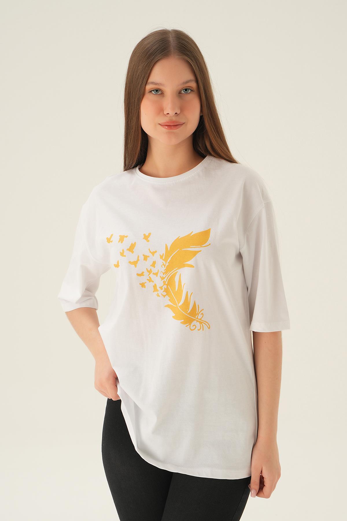 Beyaz Kuş Baskı Oversize Tişört 1705 - 1