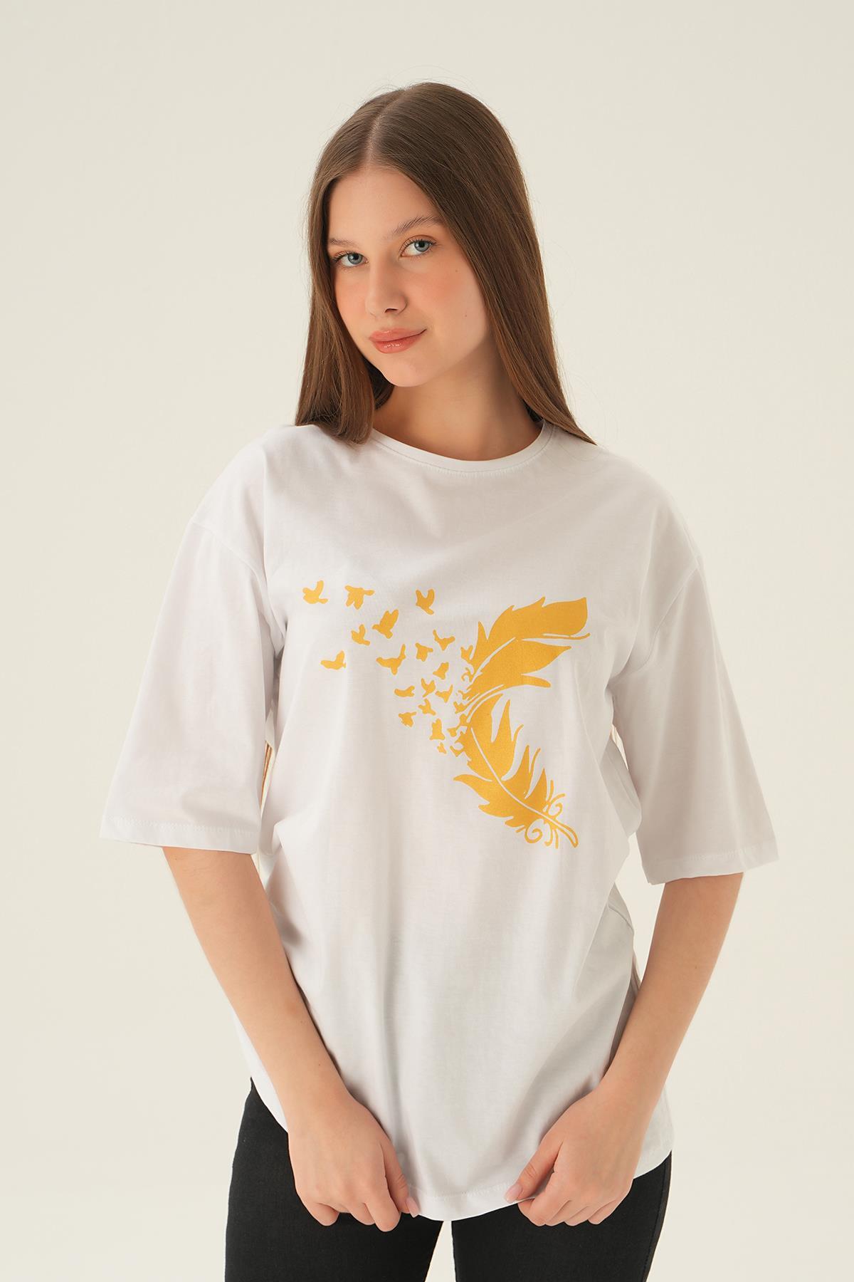 Beyaz Kuş Baskı Oversize Tişört 1705 - 2