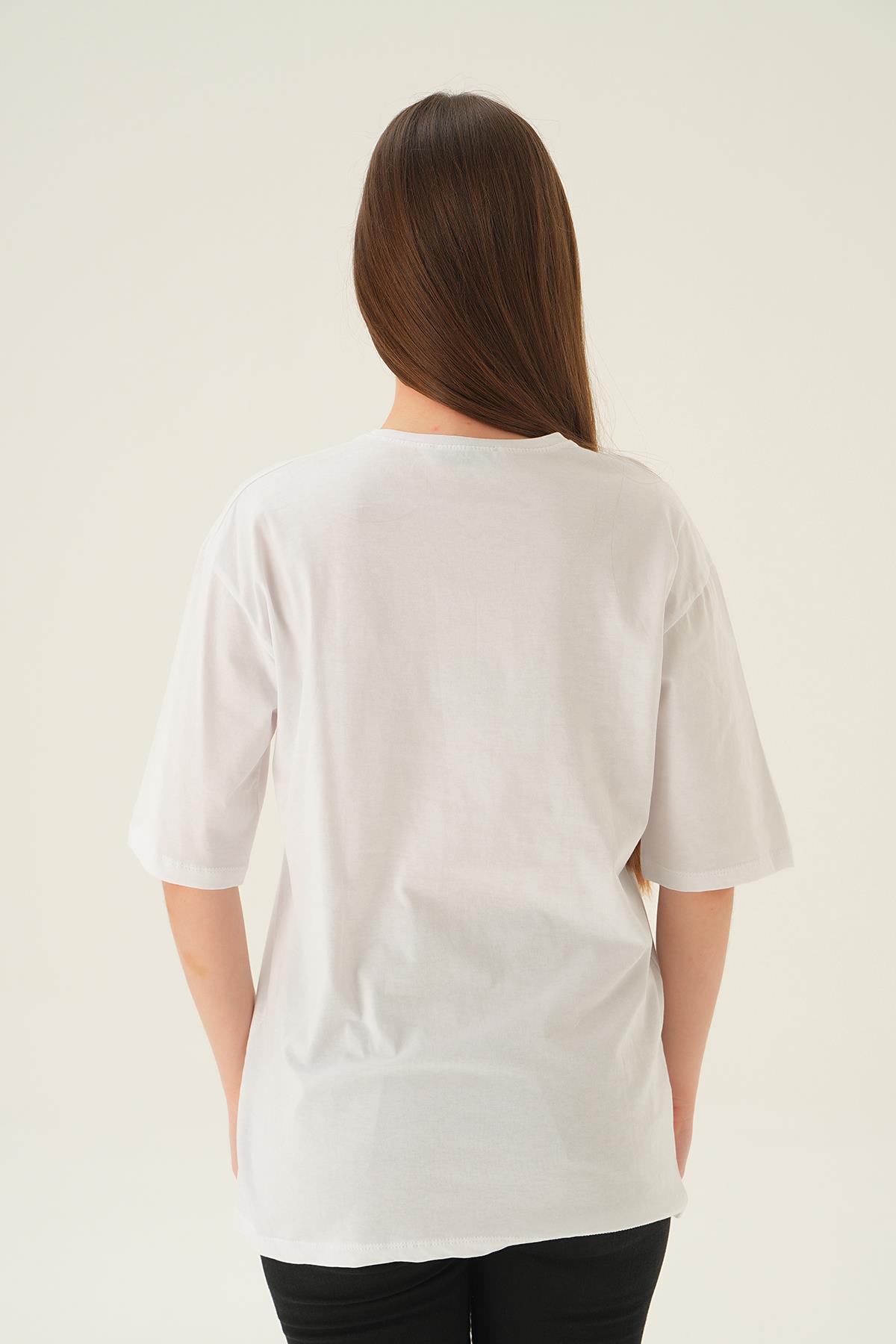Beyaz Kuş Baskı Oversize Tişört 1705 - 4