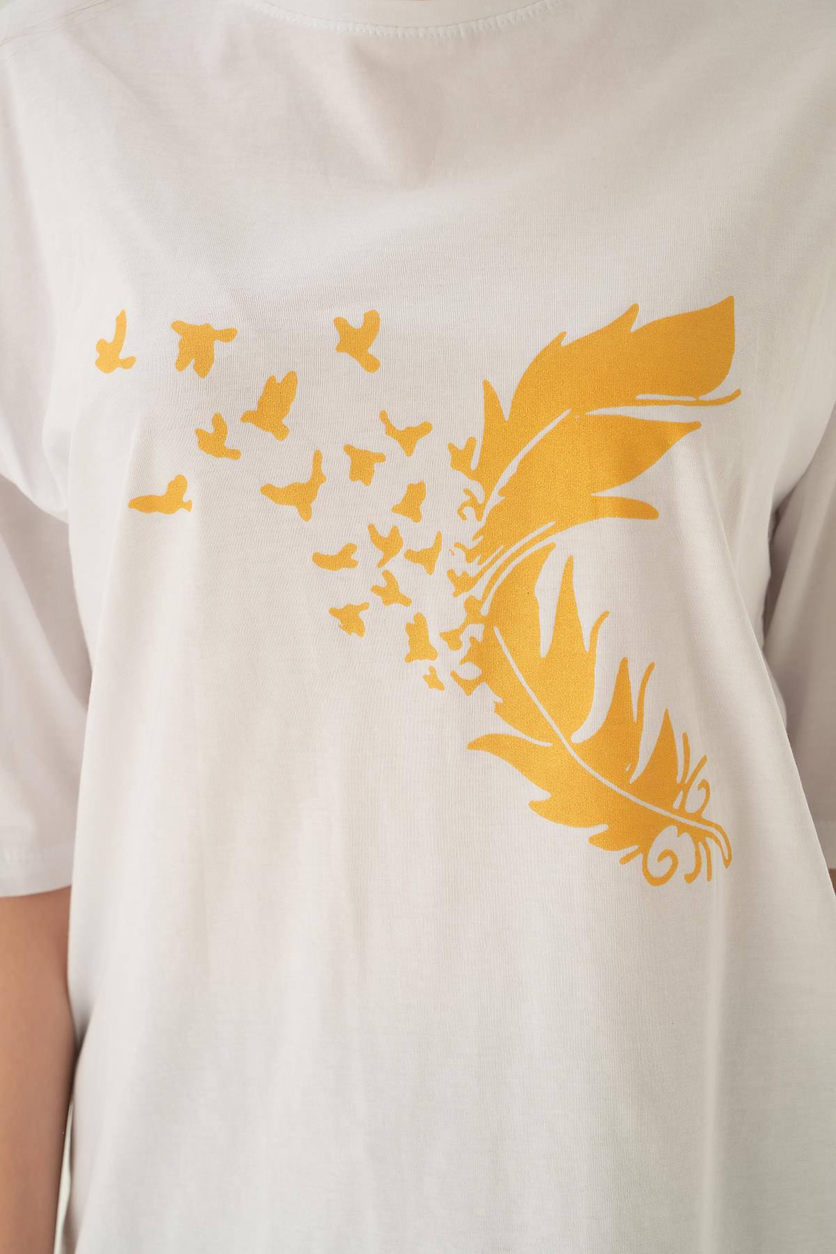 Beyaz Kuş Baskı Oversize Tişört 1705 - 5