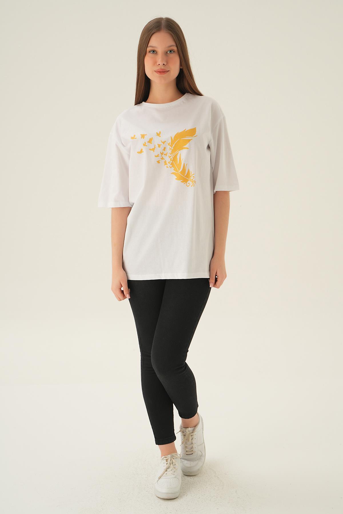 Beyaz Kuş Baskı Oversize Tişört 1705 - 6