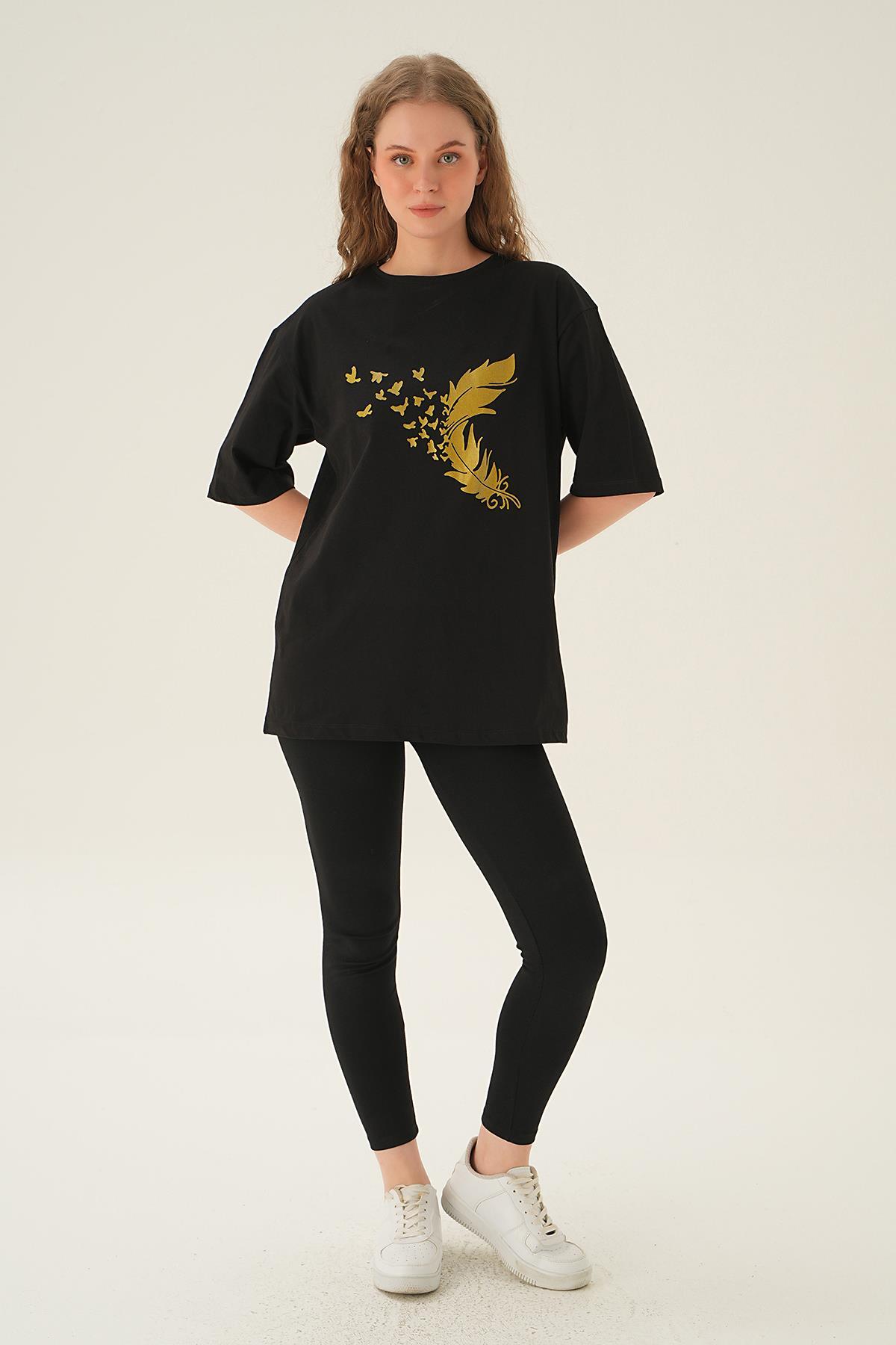 1705 Kuş Baskı Oversize Tshırt Siyah - 2