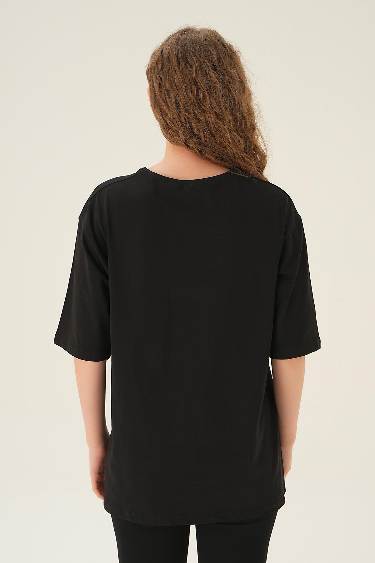 1705 Kuş Baskı Oversize Tshırt Siyah - 3