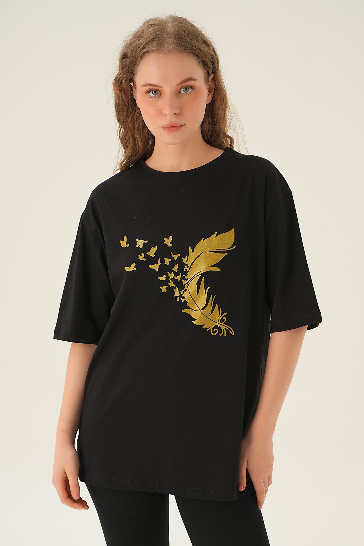 1705 Kuş Baskı Oversize Tshırt Siyah - 5