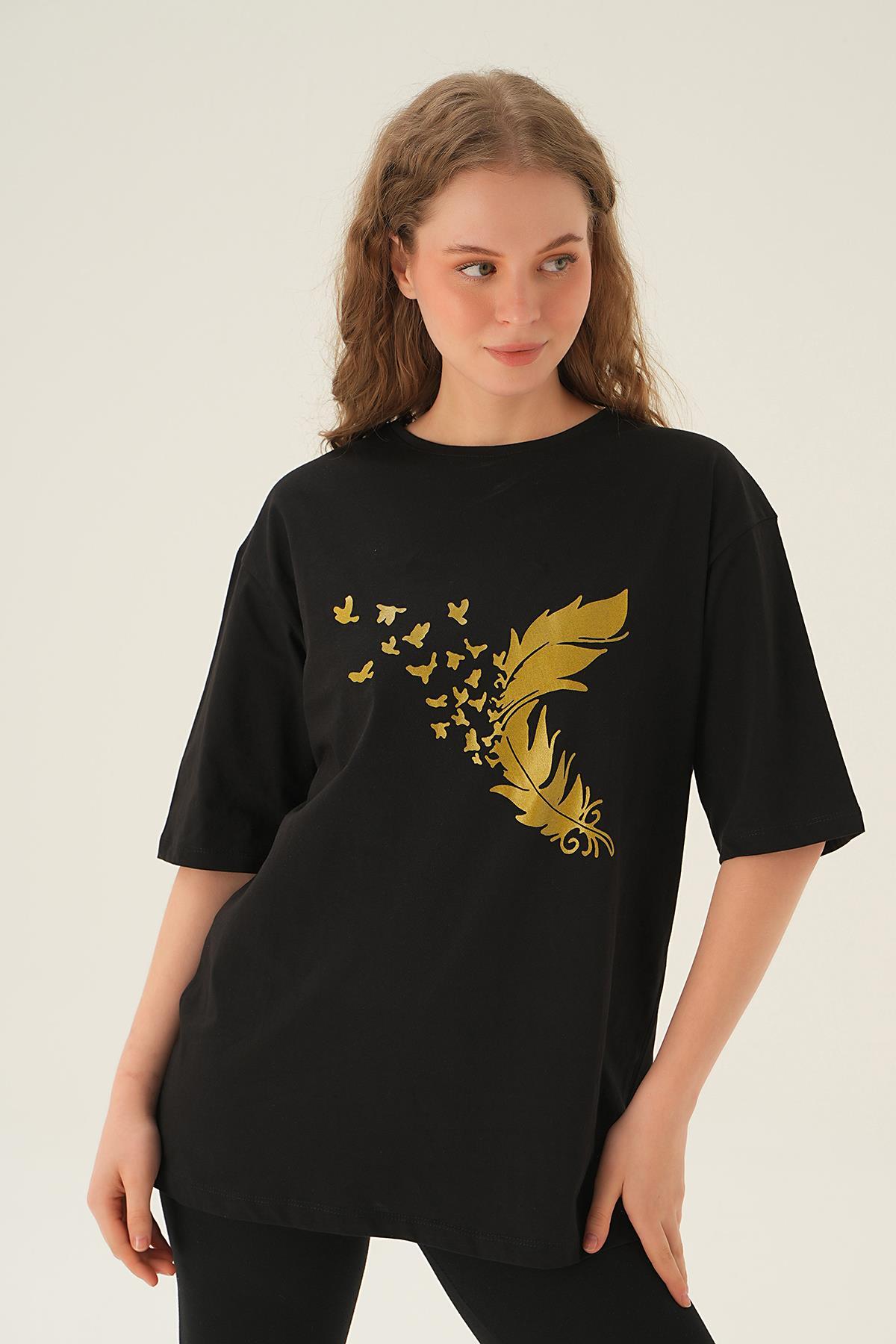 Siyah Kuş Baskı Oversize Tişört 1705 