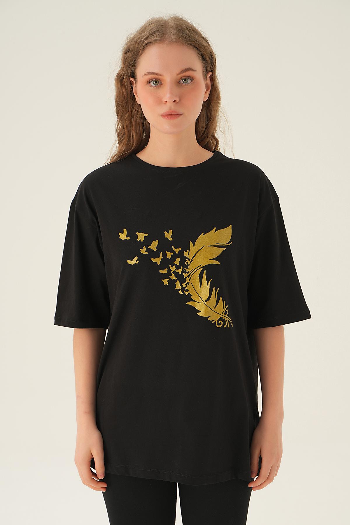 Siyah Kuş Baskı Oversize Tişört 1705 - 4