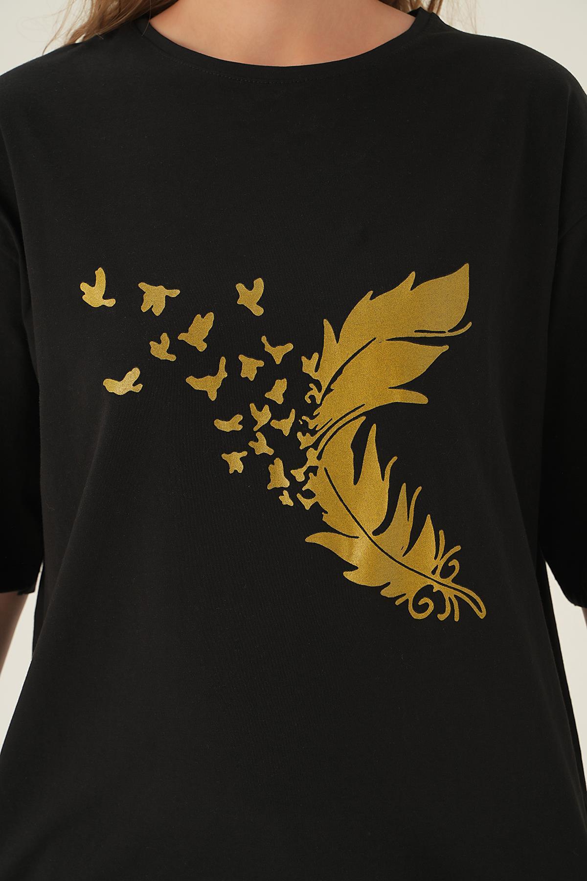 Siyah Kuş Baskı Oversize Tişört 1705 - 6