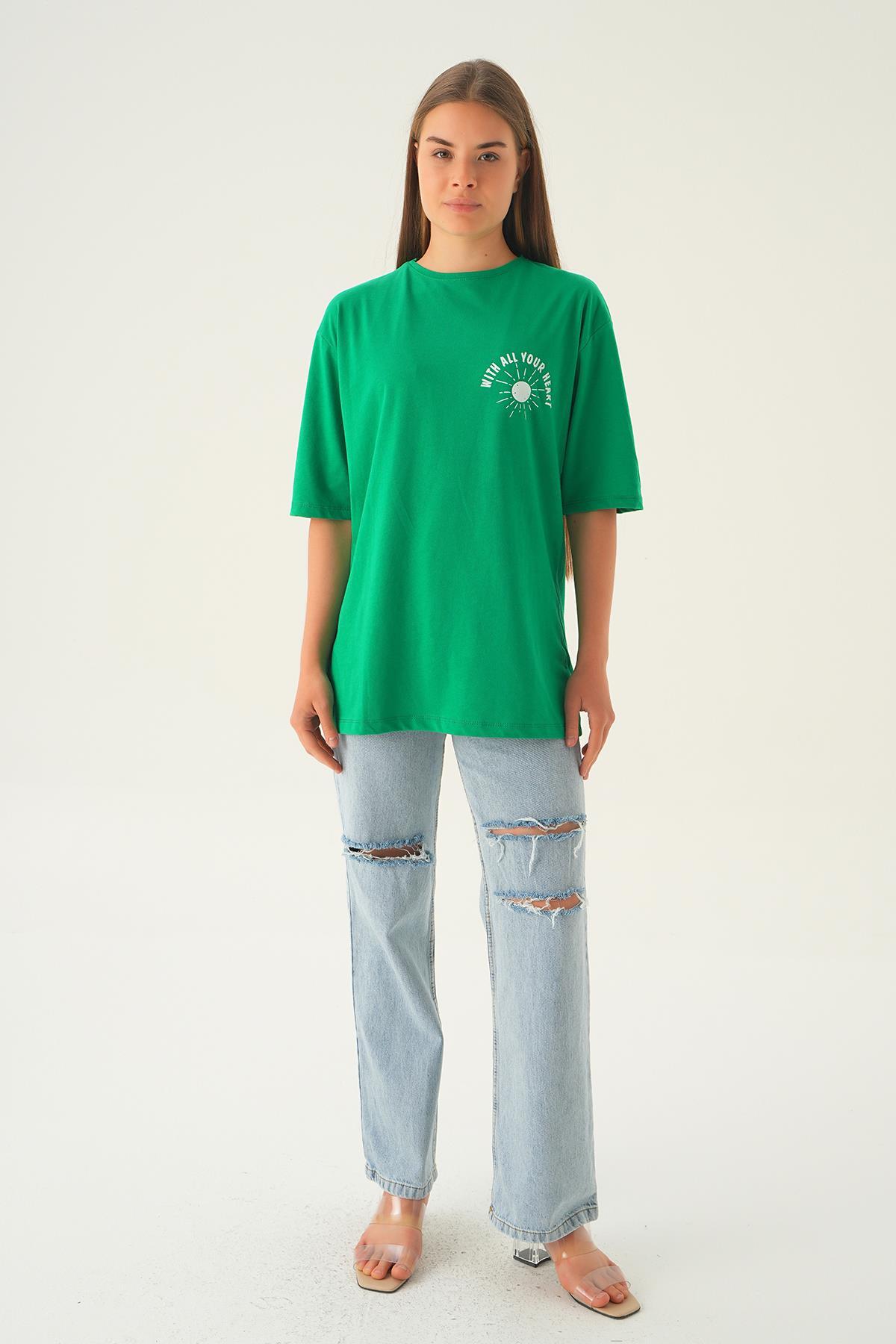 Benetton Yeşili Yazı Baskı Oversize Tişört 1706 - 2