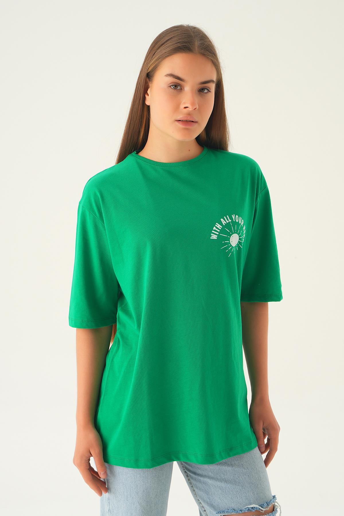 Benetton Yeşili Yazı Baskı Oversize Tişört 1706 - 6