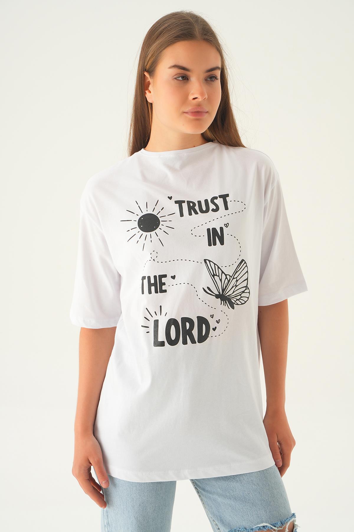 Beyaz Yazı Baskı Oversize Tişört 1706 