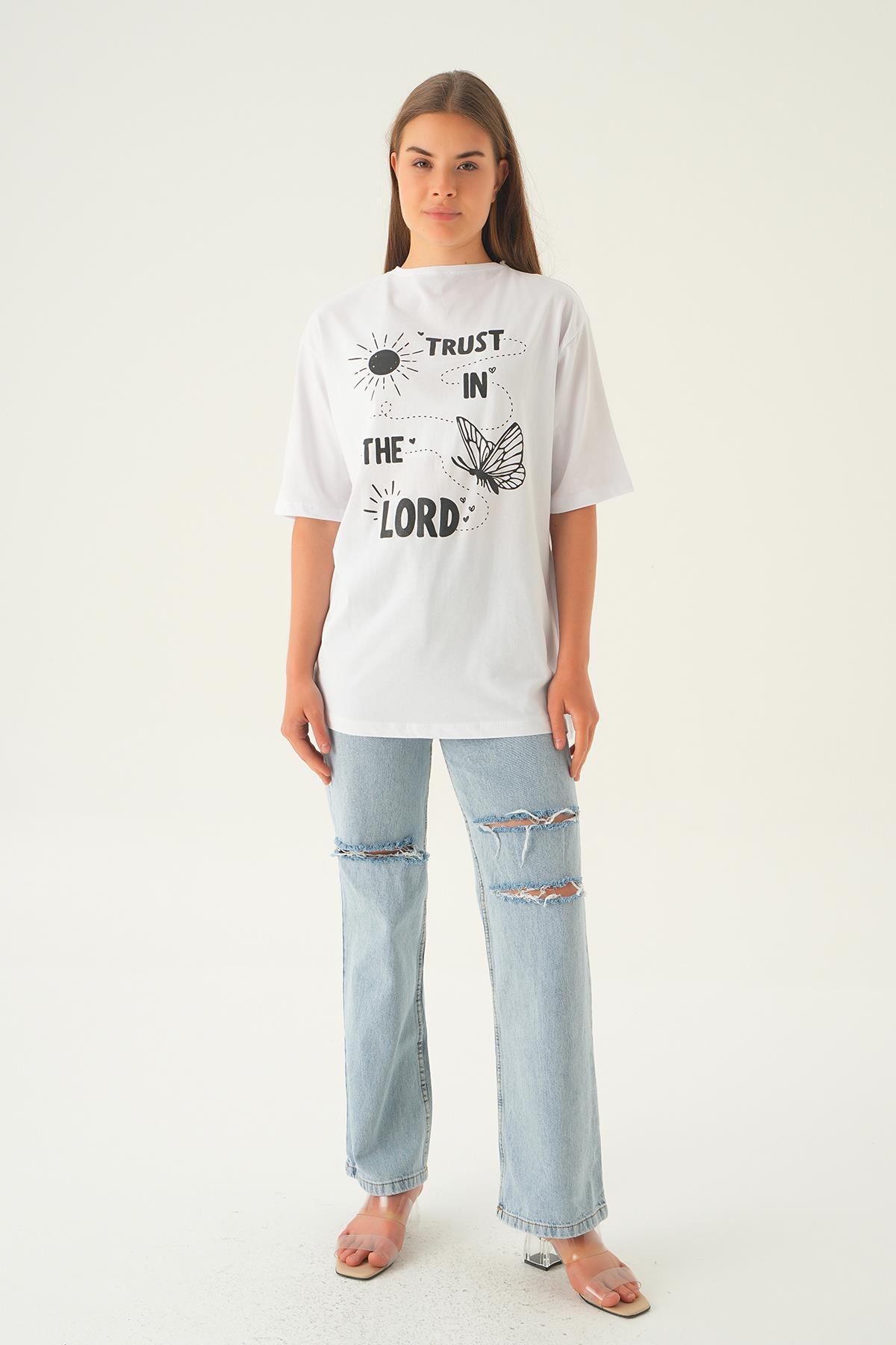 Beyaz Yazı Baskı Oversize Tişört 1706 - 2