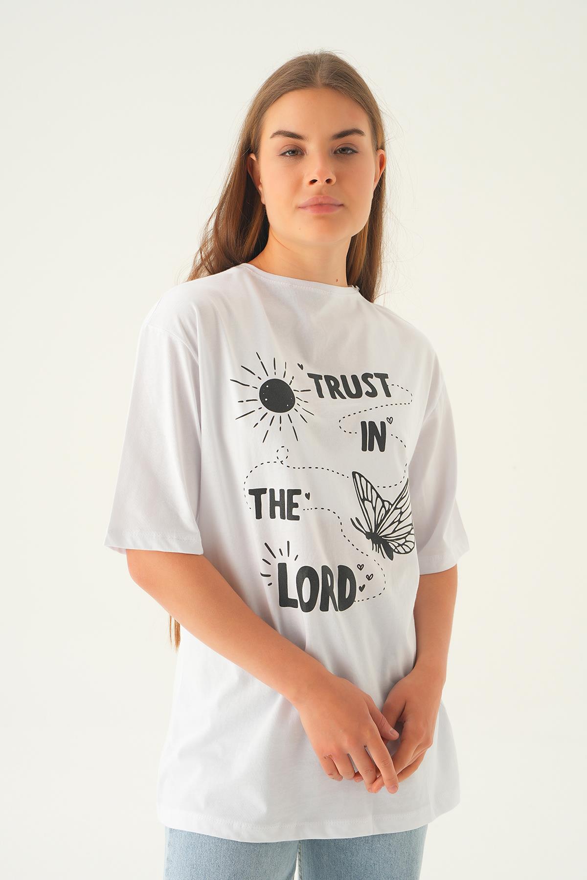 Beyaz Yazı Baskı Oversize Tişört 1706 - 6