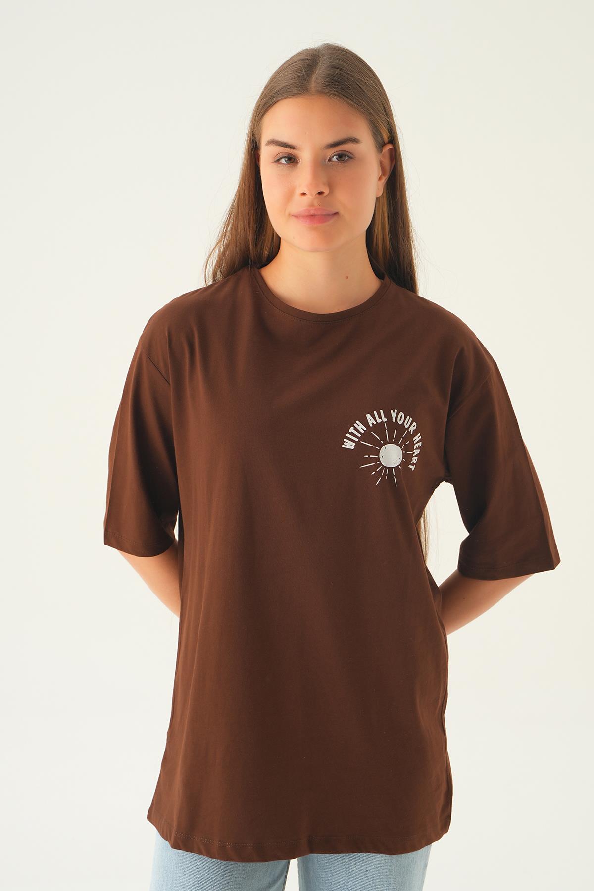 Kahve Yazı Baskı Oversize Tişört 1706 