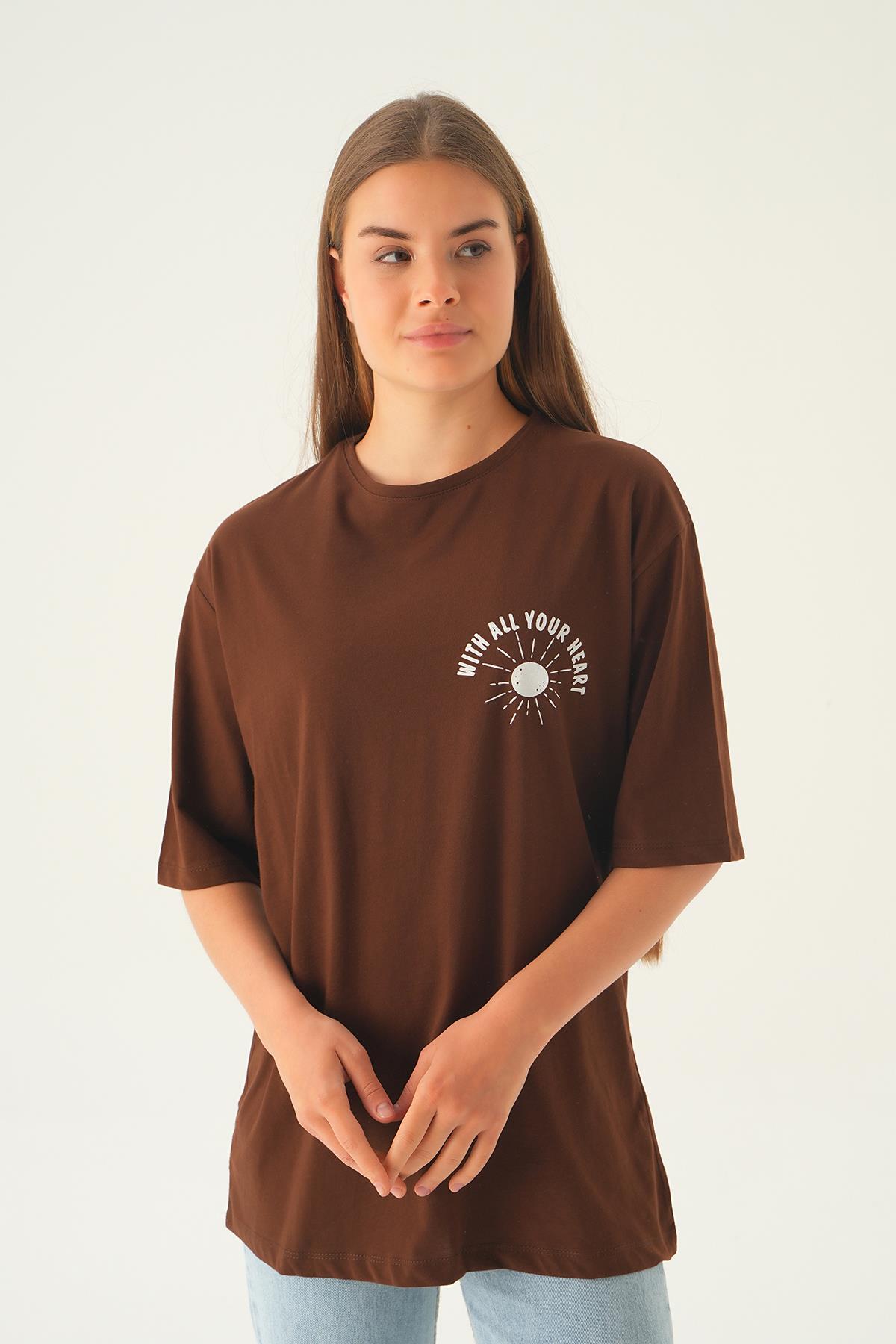 Kahve Yazı Baskı Oversize Tişört 1706 - 3