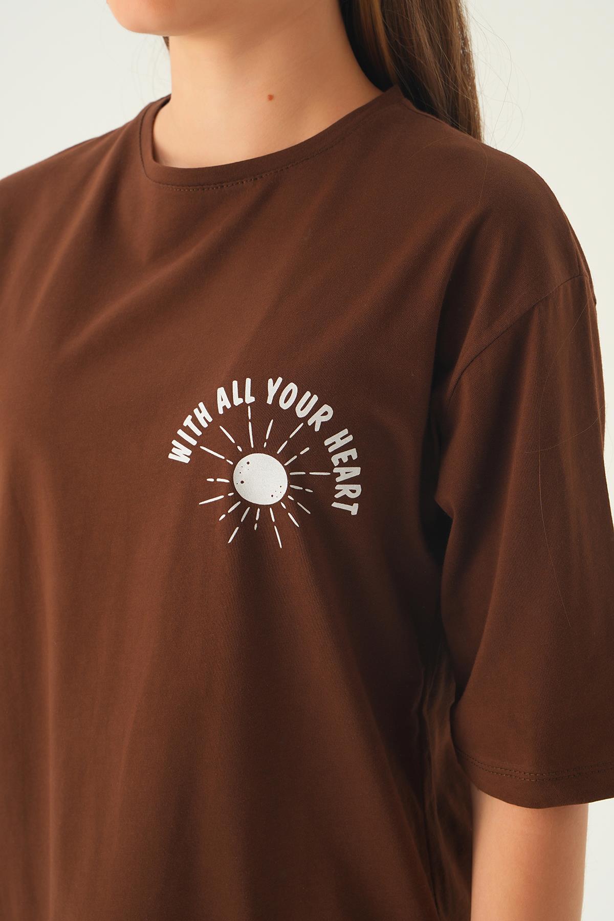 Kahve Yazı Baskı Oversize Tişört 1706 - 4