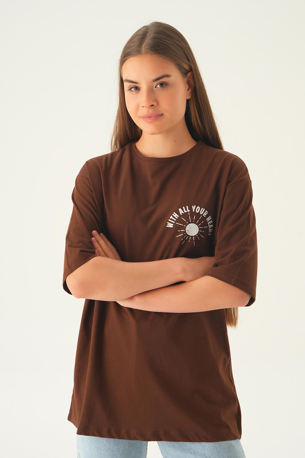 Kahve Yazı Baskı Oversize Tişört 1706 - 6
