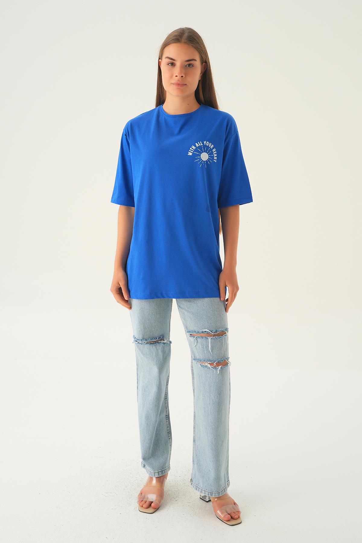 Mavi Yazı Baskı Oversize Tişört 1706 - 1