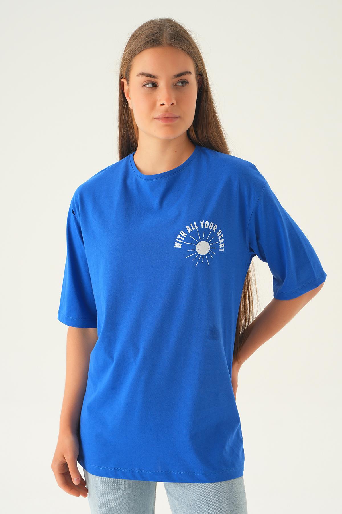 Mavi Yazı Baskı Oversize Tişört 1706 - 2