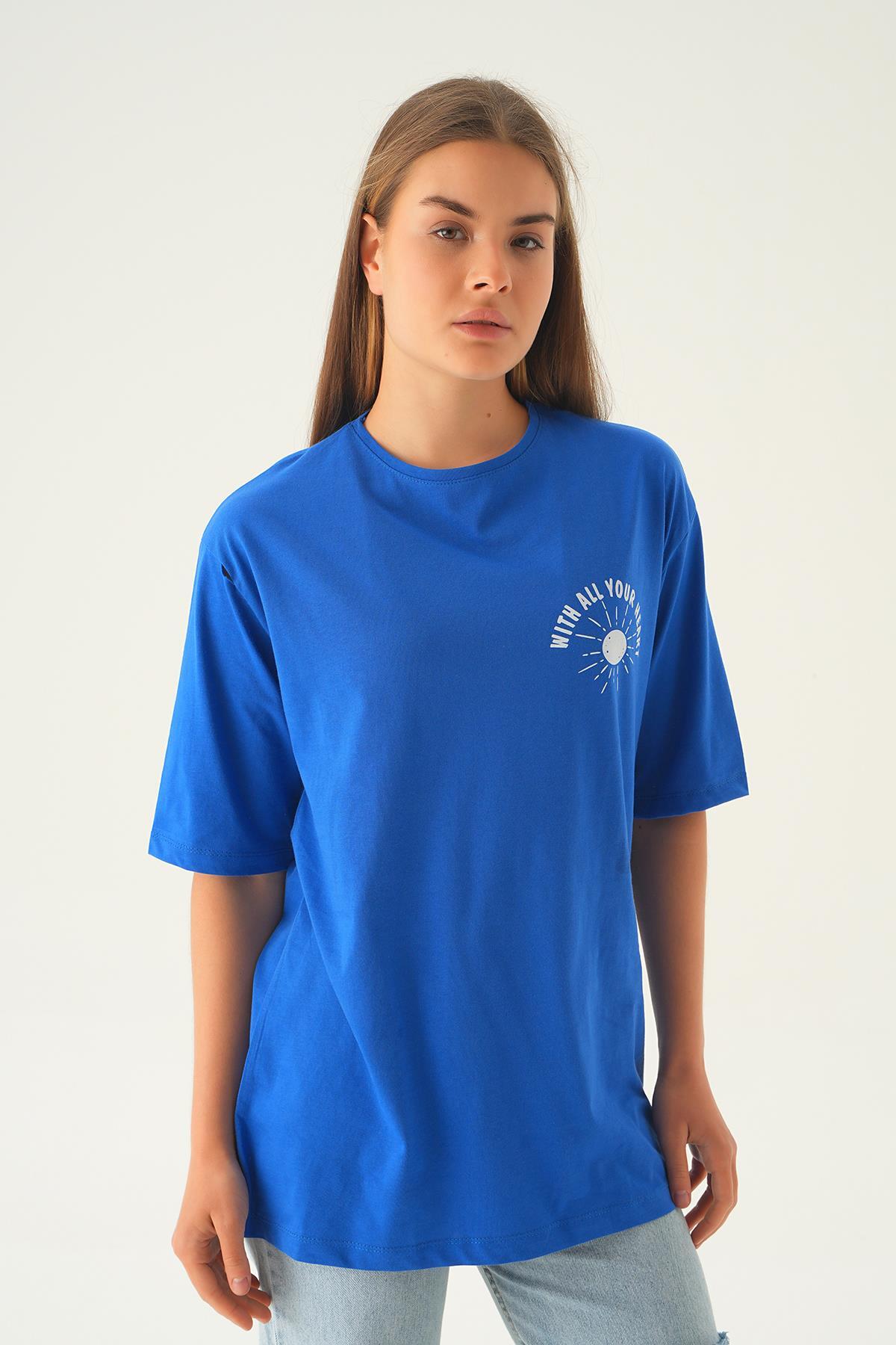 Mavi Yazı Baskı Oversize Tişört 1706 - 4