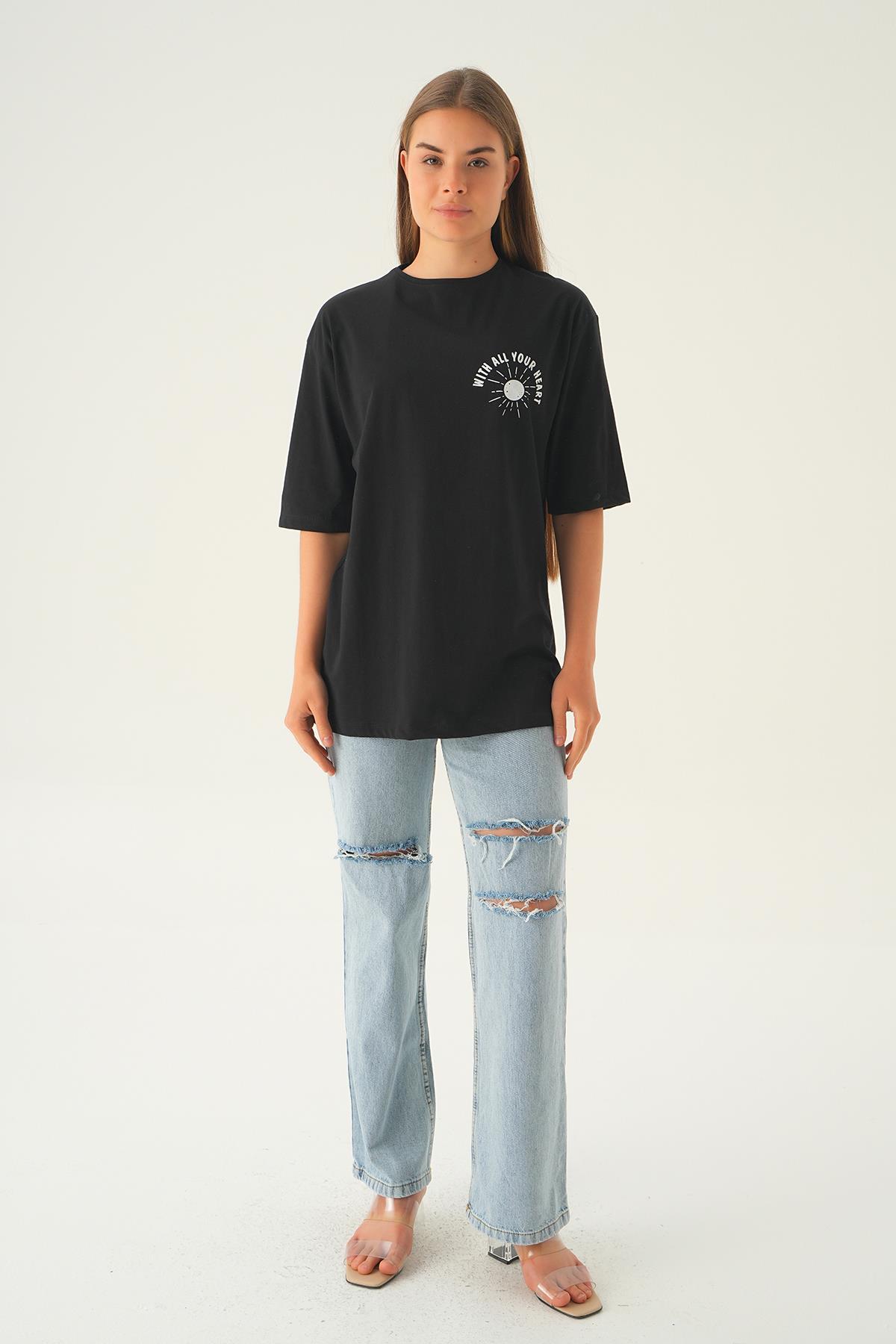 1706 Beverly Hills Baskı Oversize Tişört Siyah 