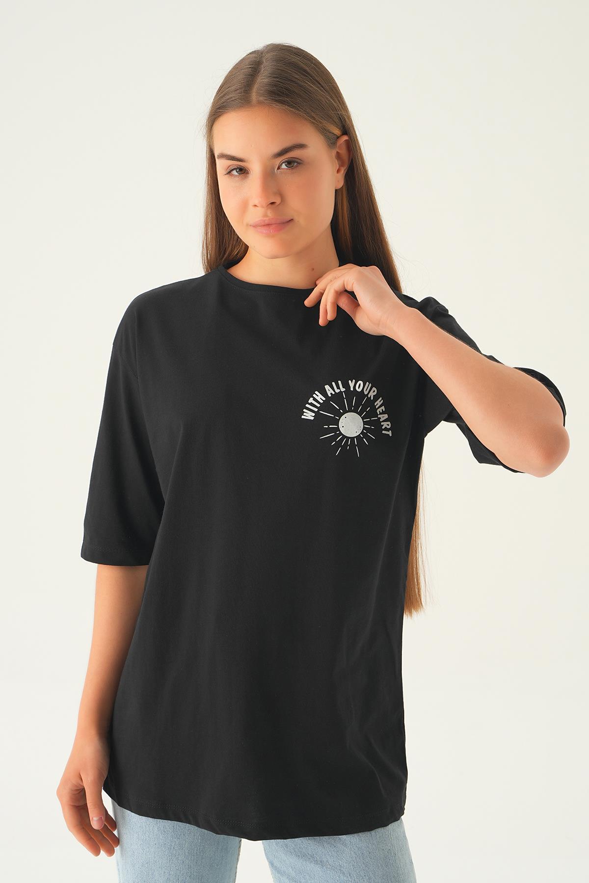 Siyah Yazı Baskı Oversize Tişört 1706 - 4