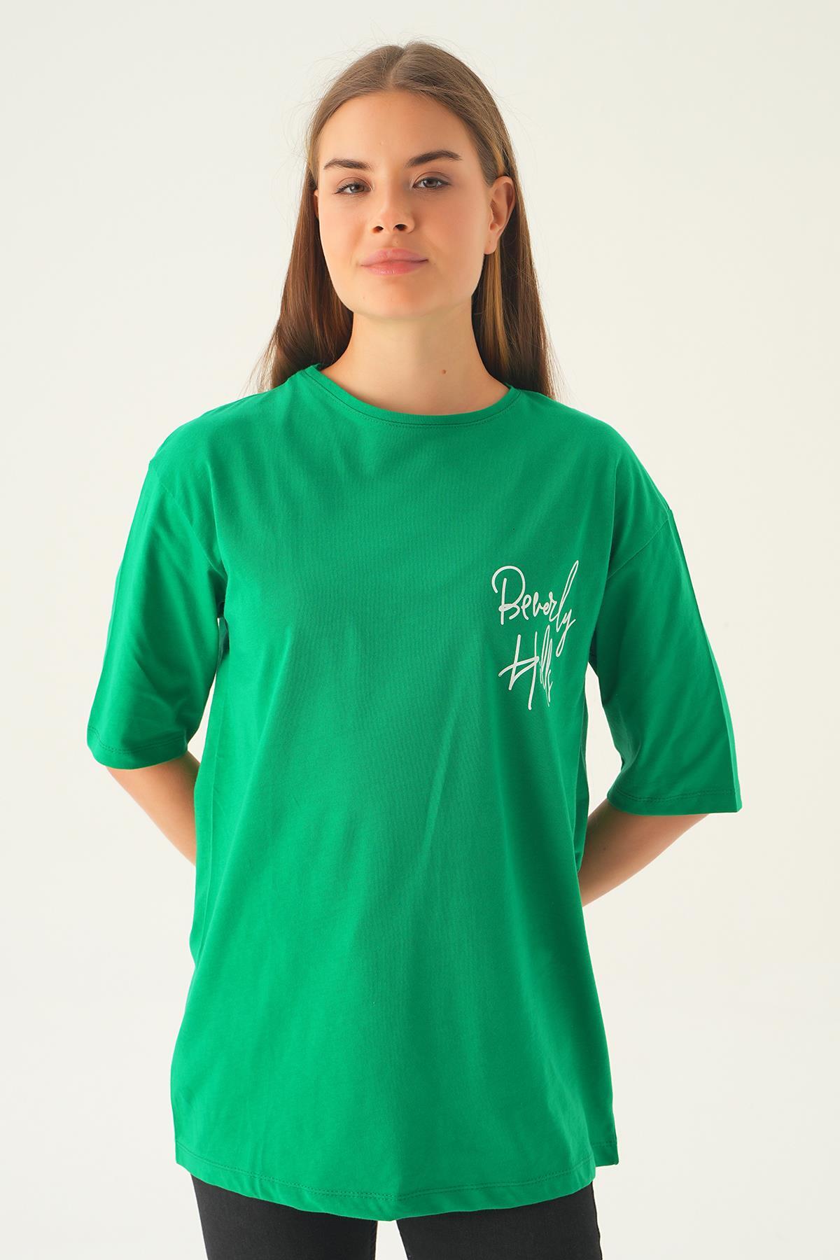 Benetton Yeşili Baskılı Oversize Tişört 1707 - 1