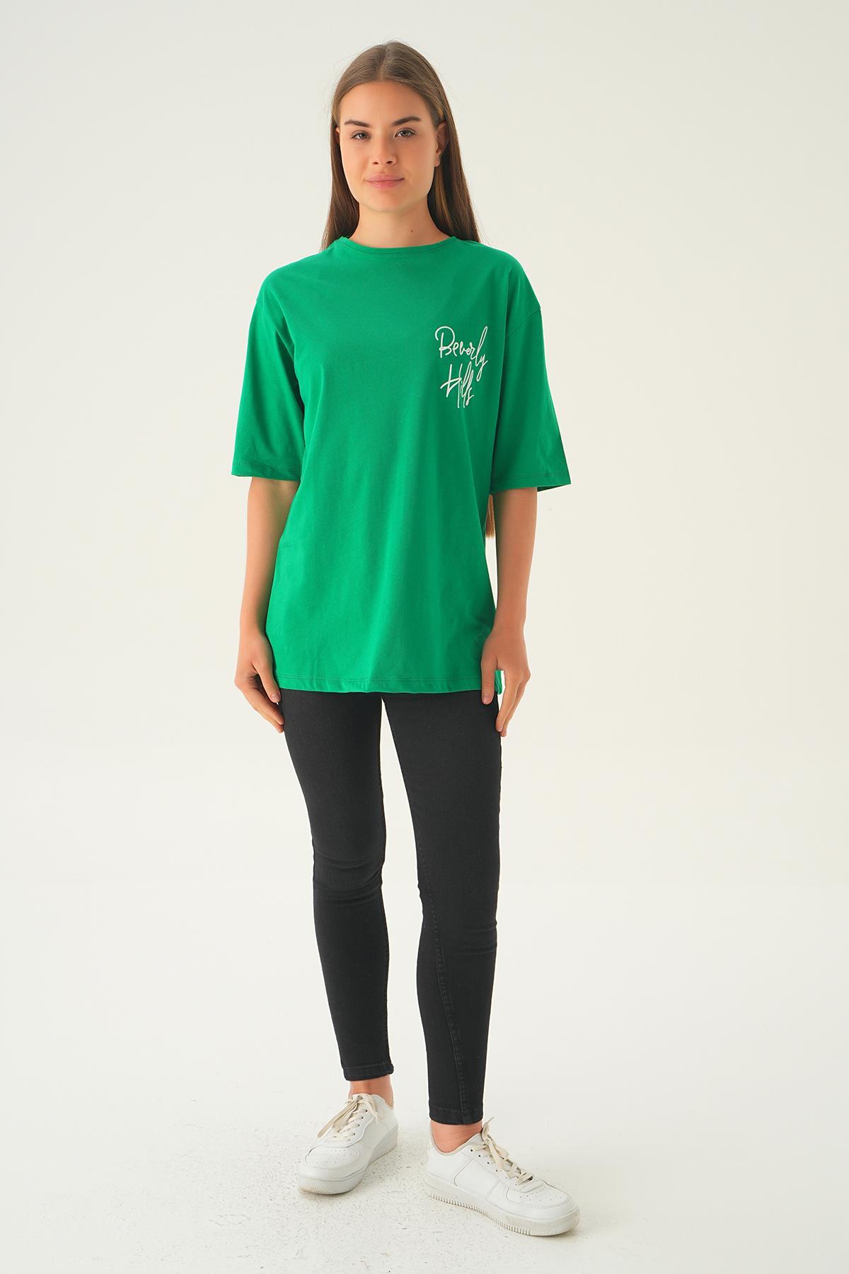 Benetton Yeşili Baskılı Oversize Tişört 1707 - 2