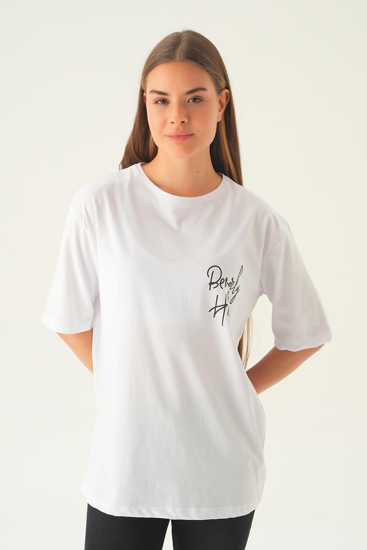 Beyaz Baskılı Oversize Tişört 1707 - 1