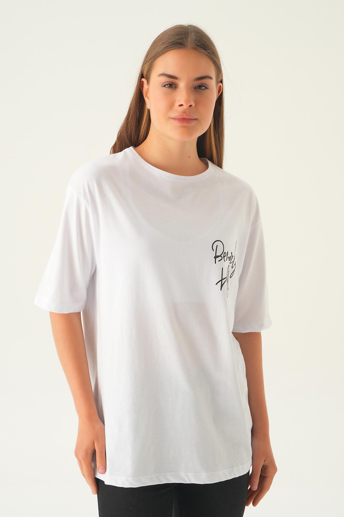 Beyaz Baskılı Oversize Tişört 1707 - 3