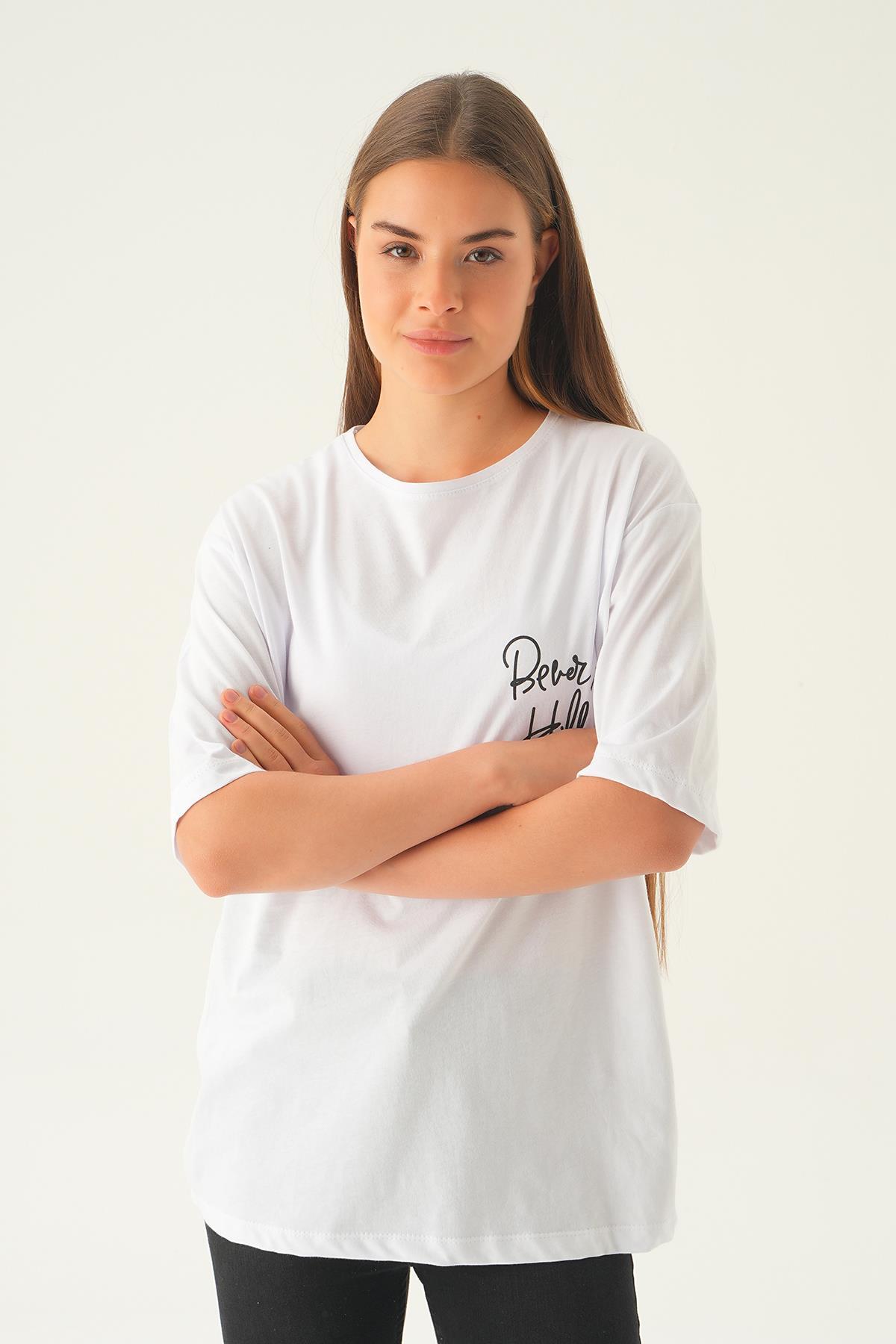 Beyaz Baskılı Oversize Tişört 1707 - 4