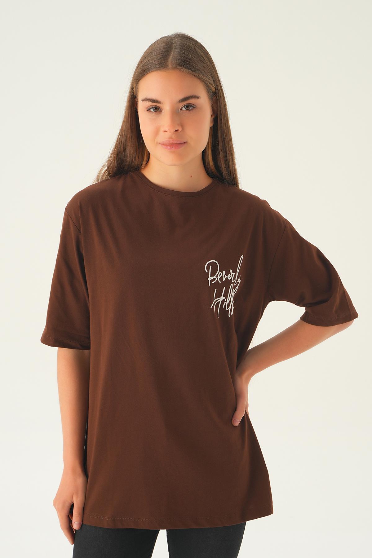 Kahve Baskılı Oversize Tişört 1707 - 1