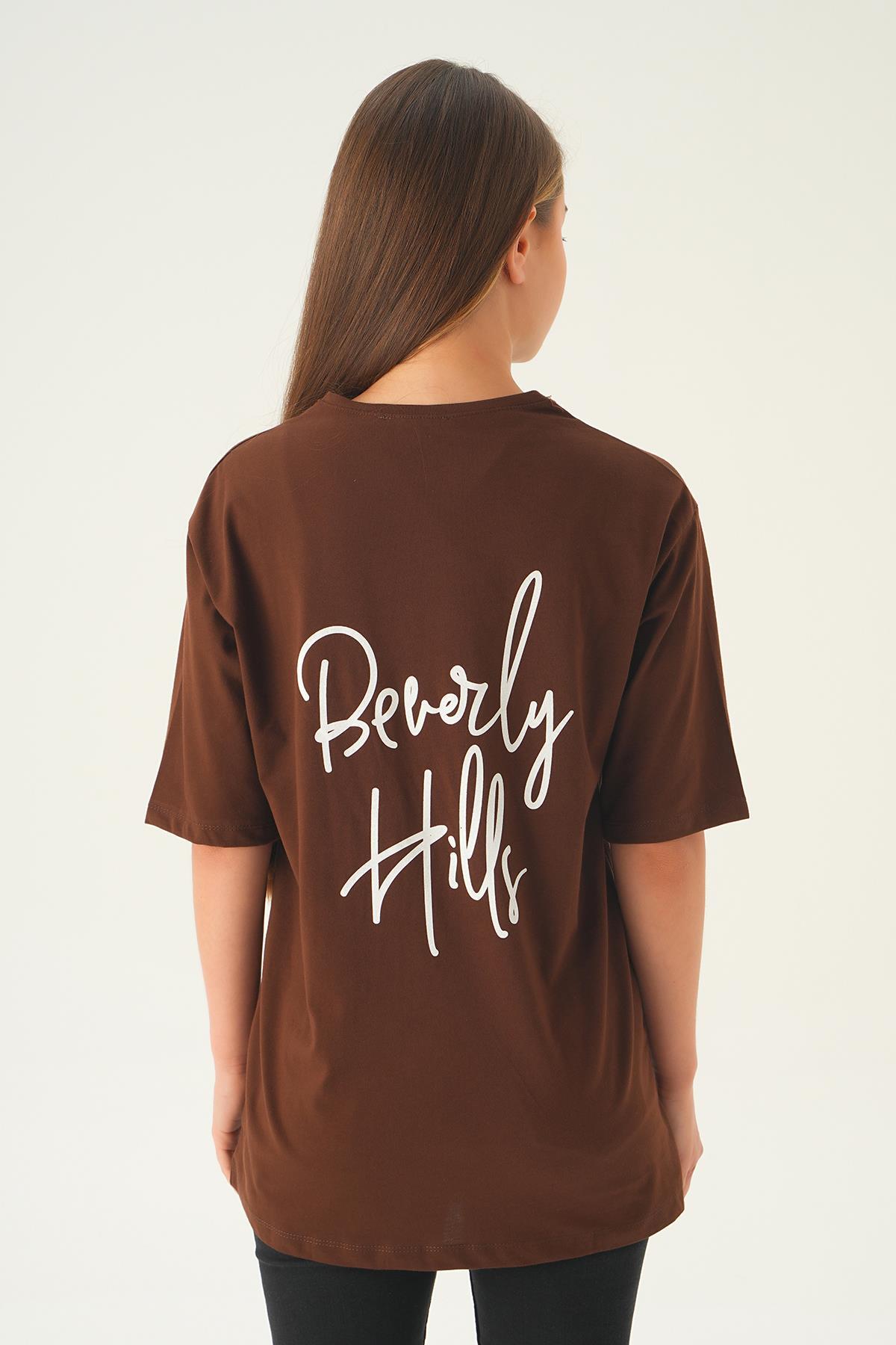 Kahve Baskılı Oversize Tişört 1707 - 2
