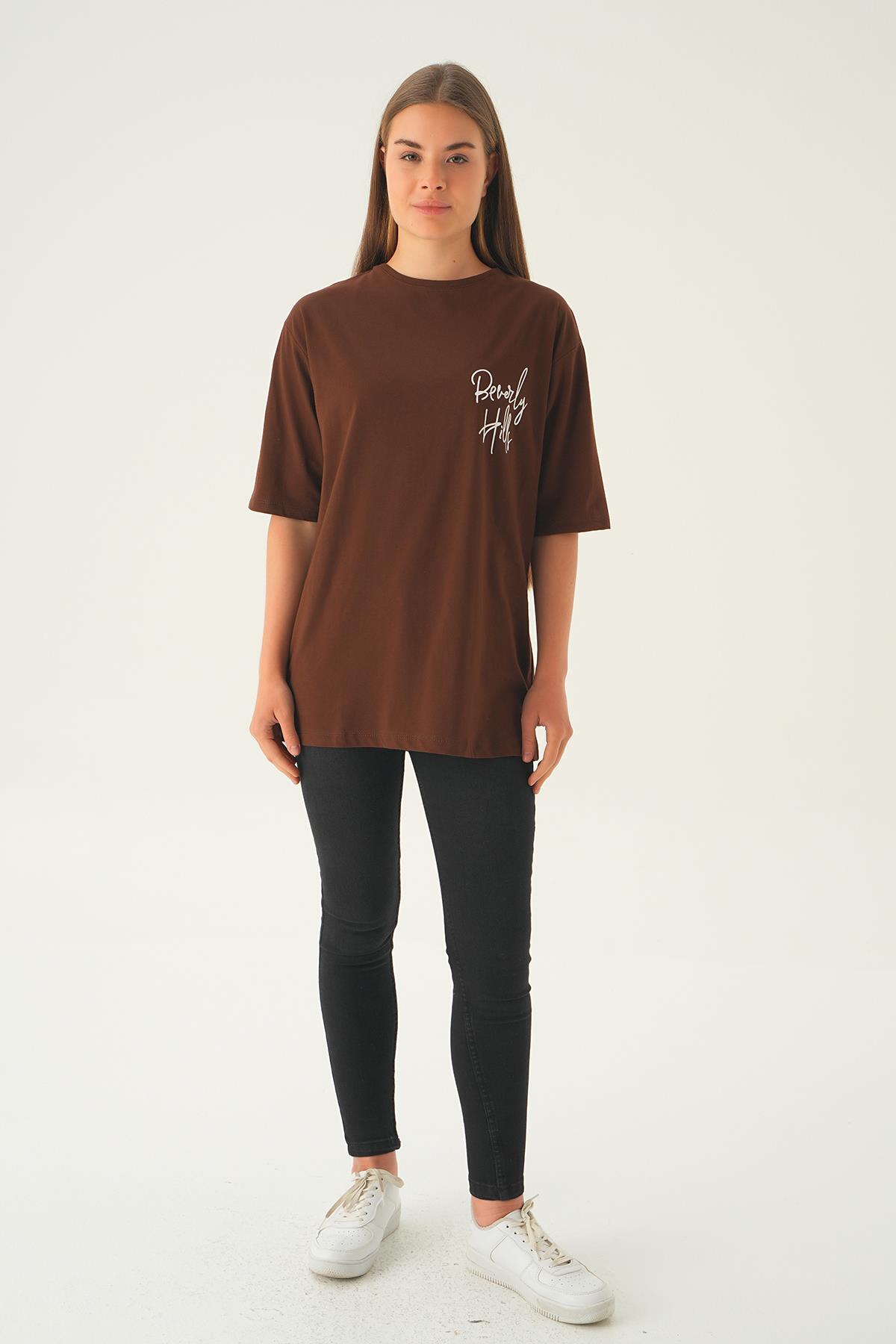 Kahve Baskılı Oversize Tişört 1707 - 4