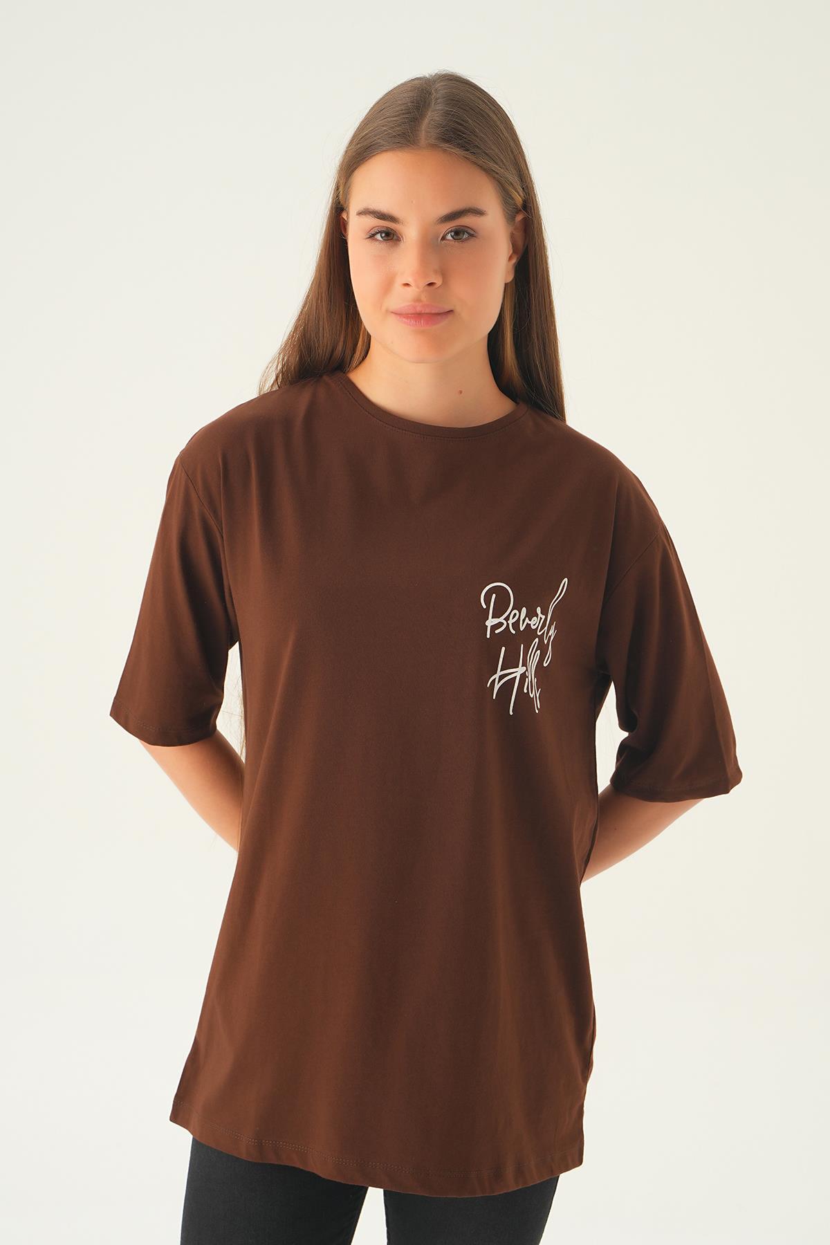 Kahve Baskılı Oversize Tişört 1707 - 5