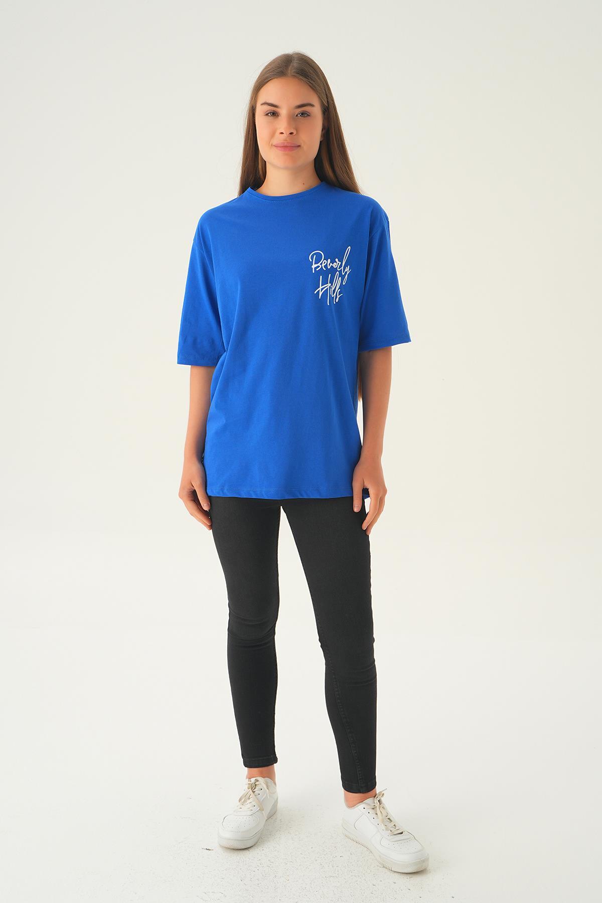 Mavi Baskılı Oversize Tişört 1707 - 2