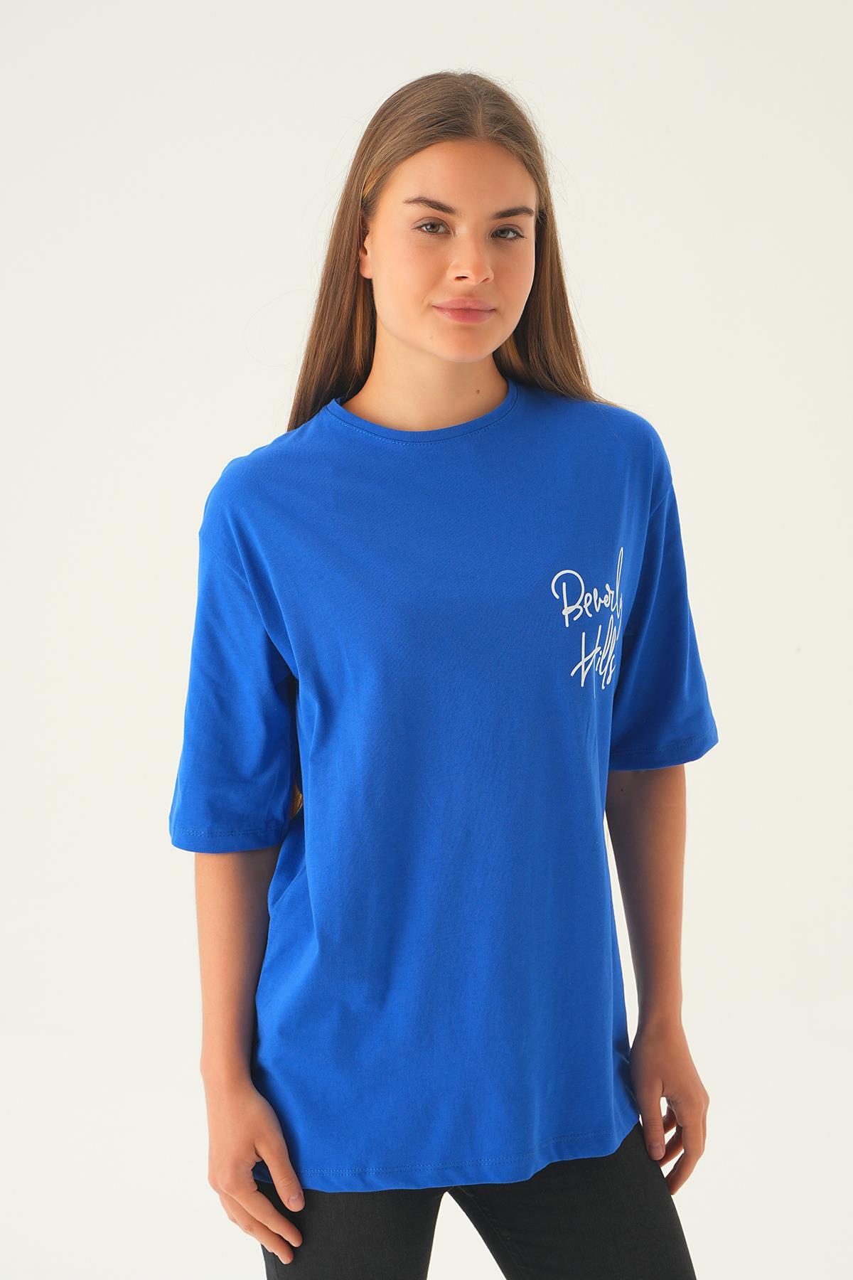 Mavi Baskılı Oversize Tişört 1707 - 4