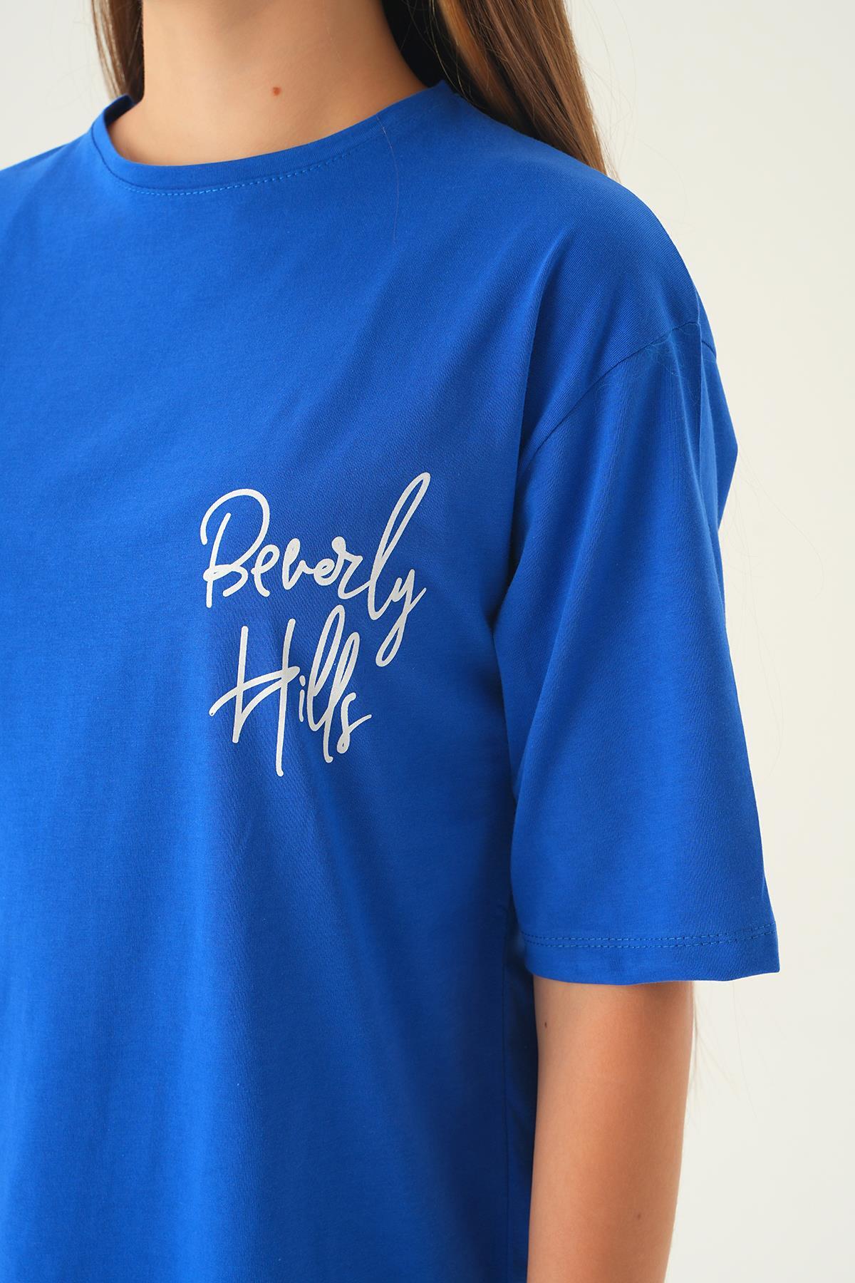 Mavi Baskılı Oversize Tişört 1707 - 6