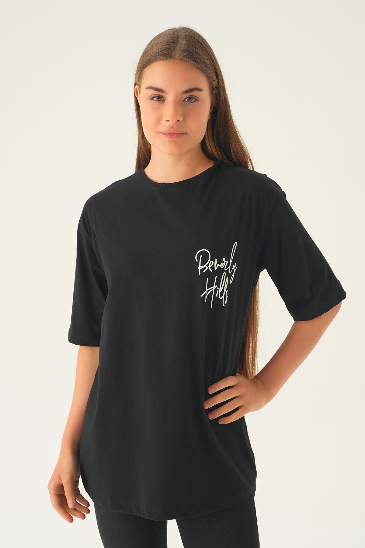 Siyah Baskılı Oversize Tişört 1707 