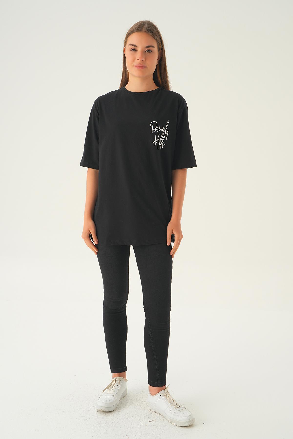 Siyah Baskılı Oversize Tişört 1707 - 2
