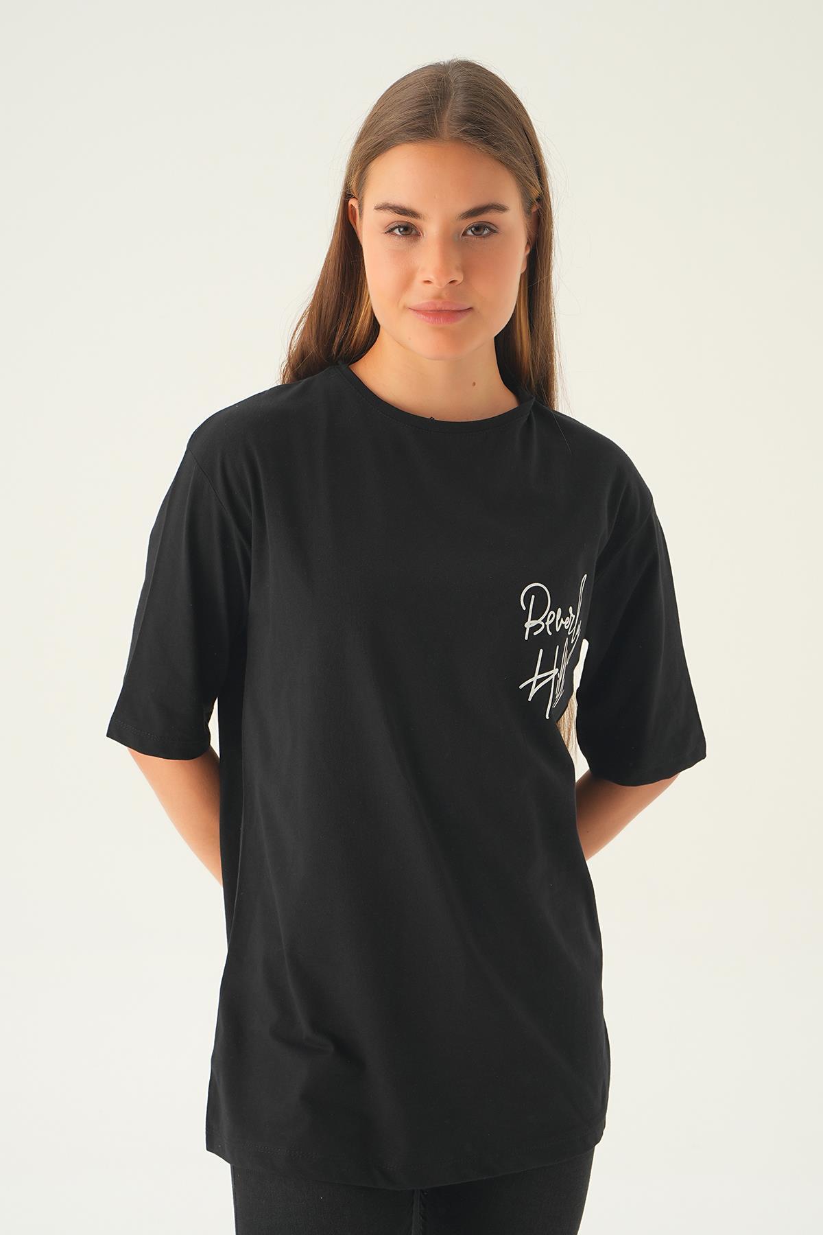 Siyah Baskılı Oversize Tişört 1707 - 4