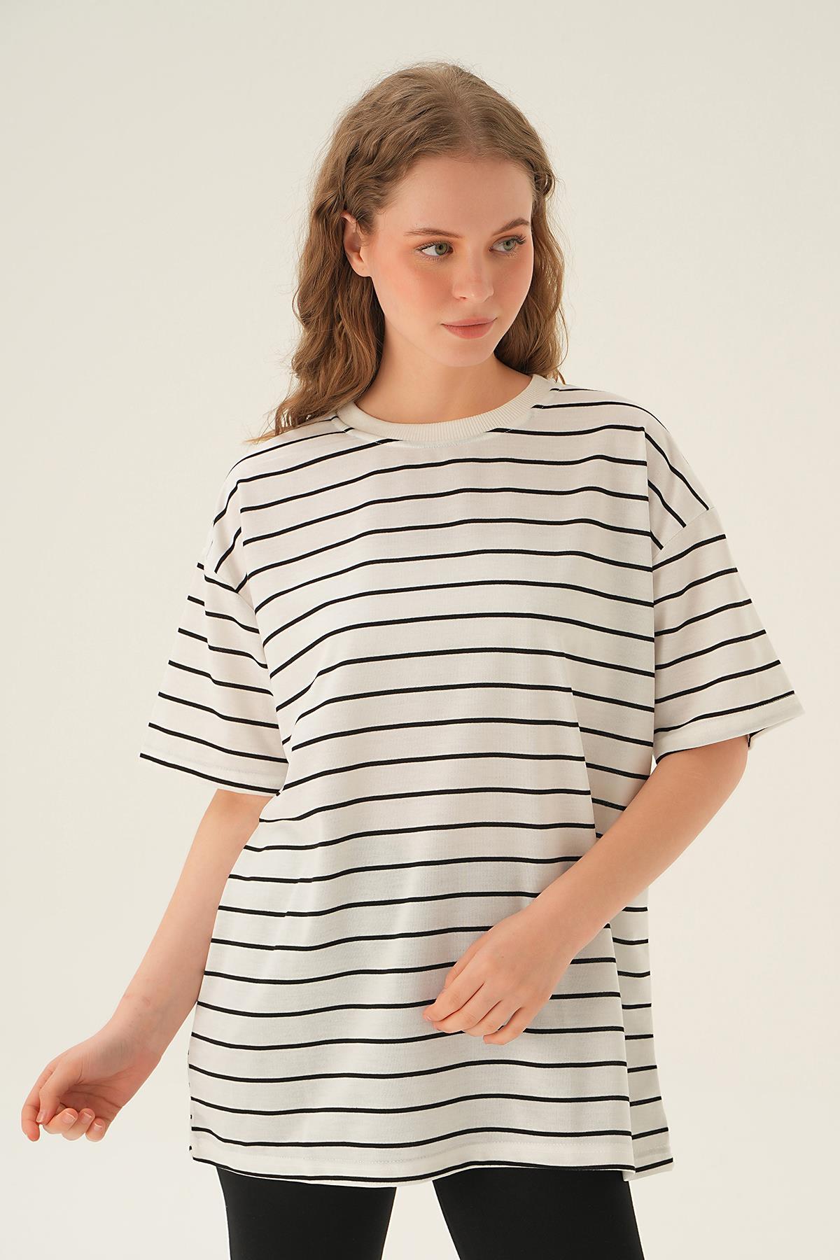 1708 Çizgili Tişört Beyaz - 3