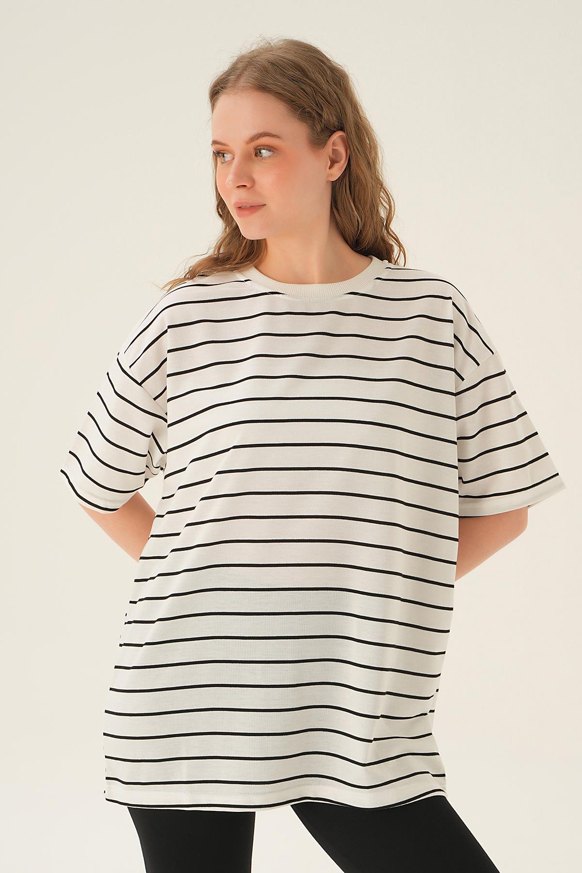 1708 Çizgili Tişört Beyaz - 4