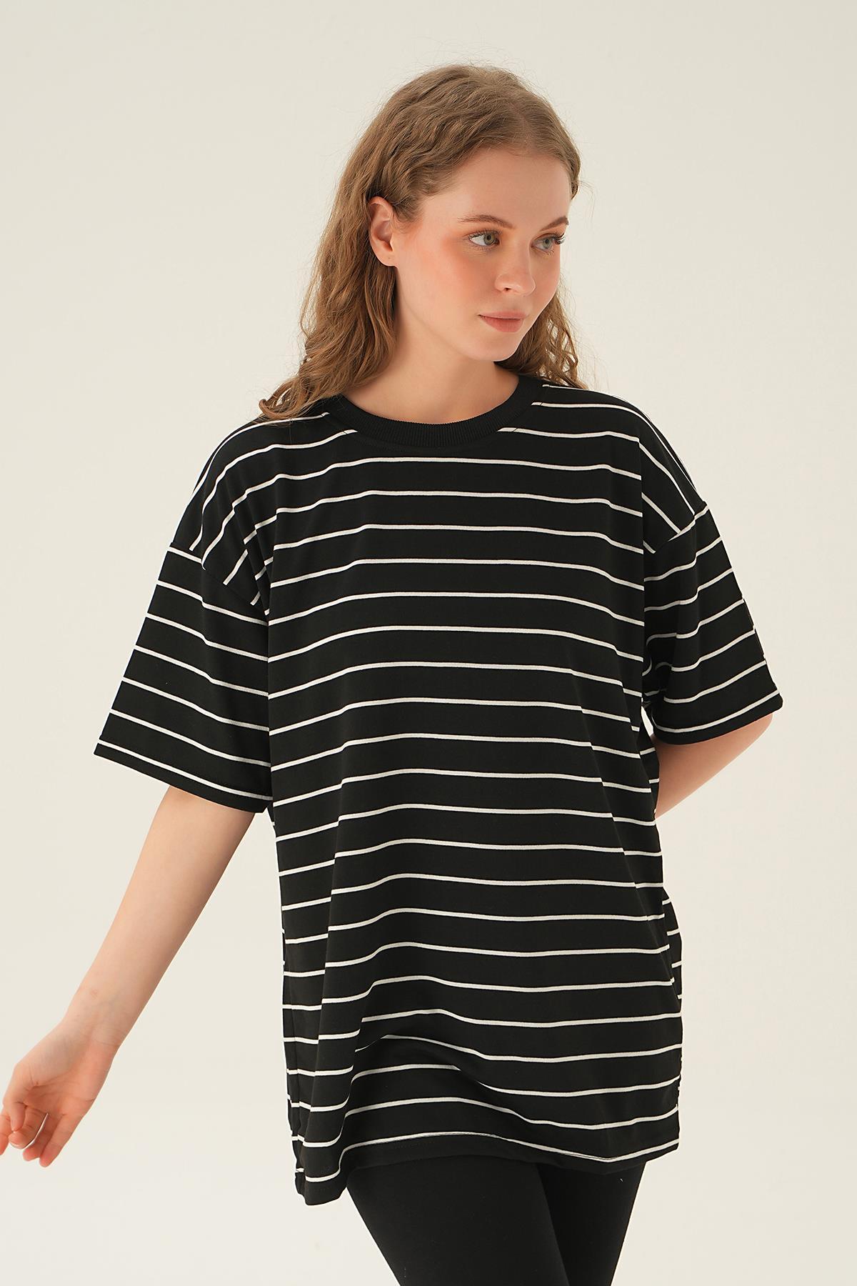 1708 Çizgili Tişört Siyah - 4