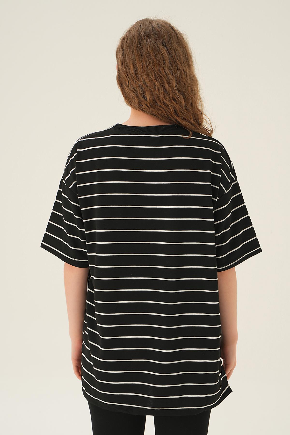 1708 Çizgili Tişört Siyah - 5